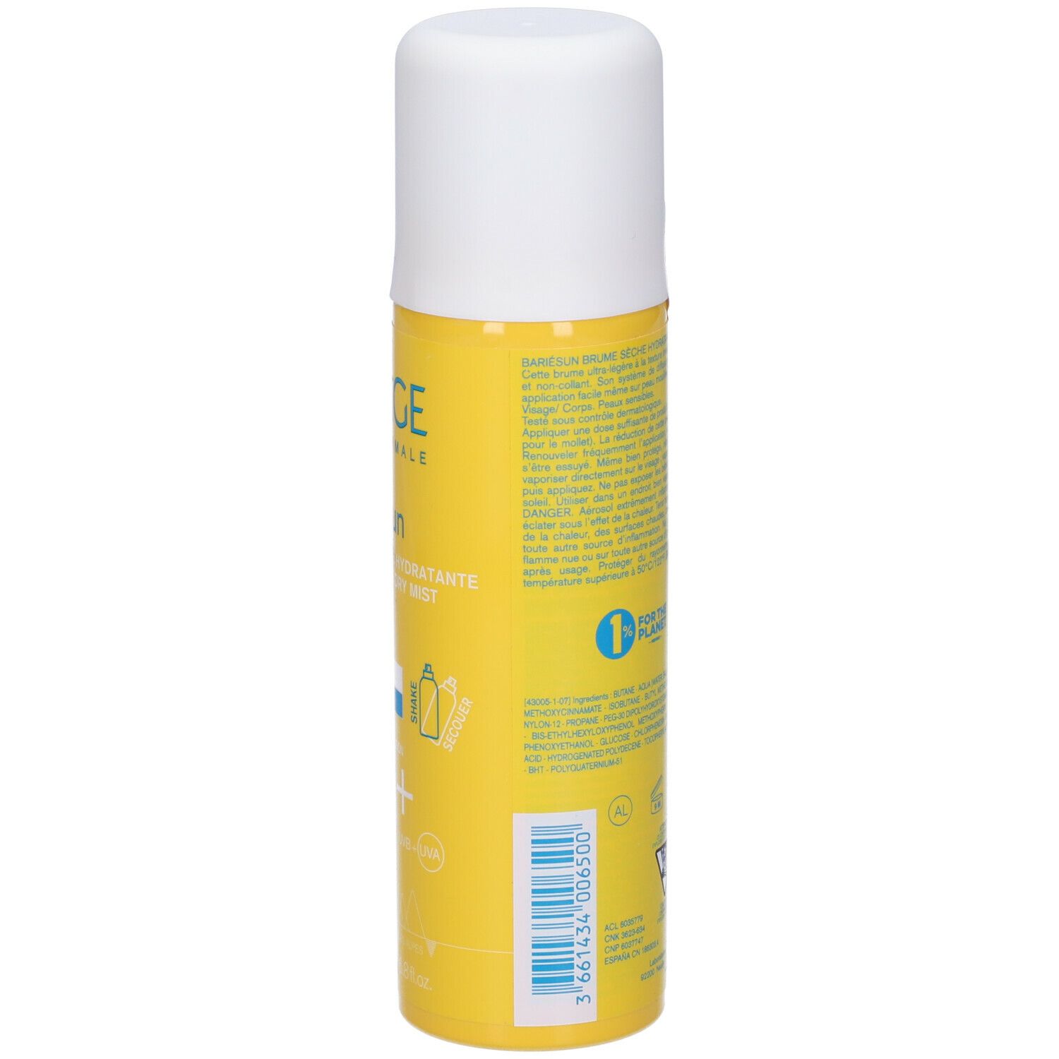 Retro del flacone spray giallo. Testo e loghi. Codice a barre.