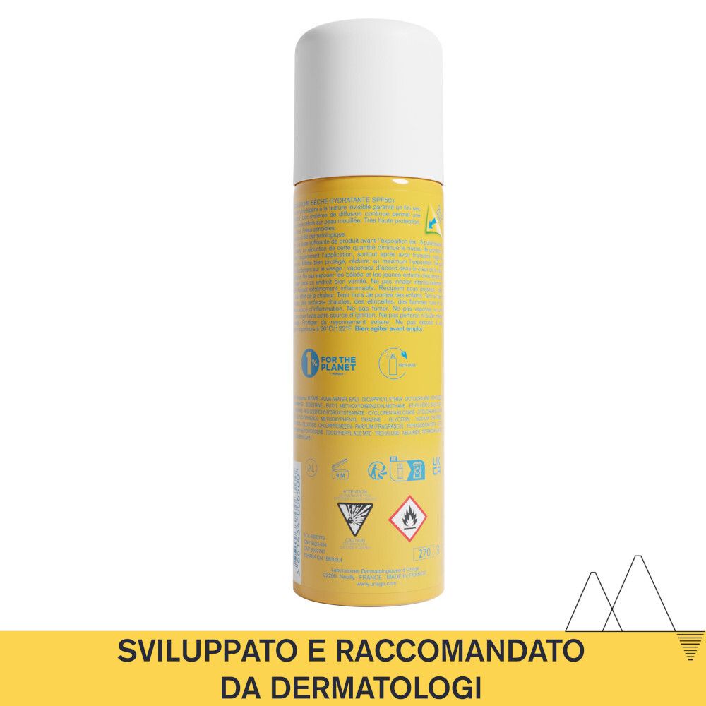 Retro del flacone spray giallo. Testo: Sviluppato e raccomandato dai dermatologi. Loghi.