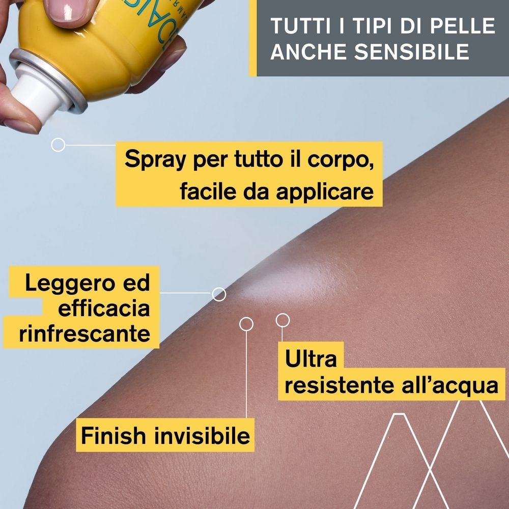 Pelle con spray. Testo: Spray per tutto il corpo, facile da applicare. Finish invisibile.