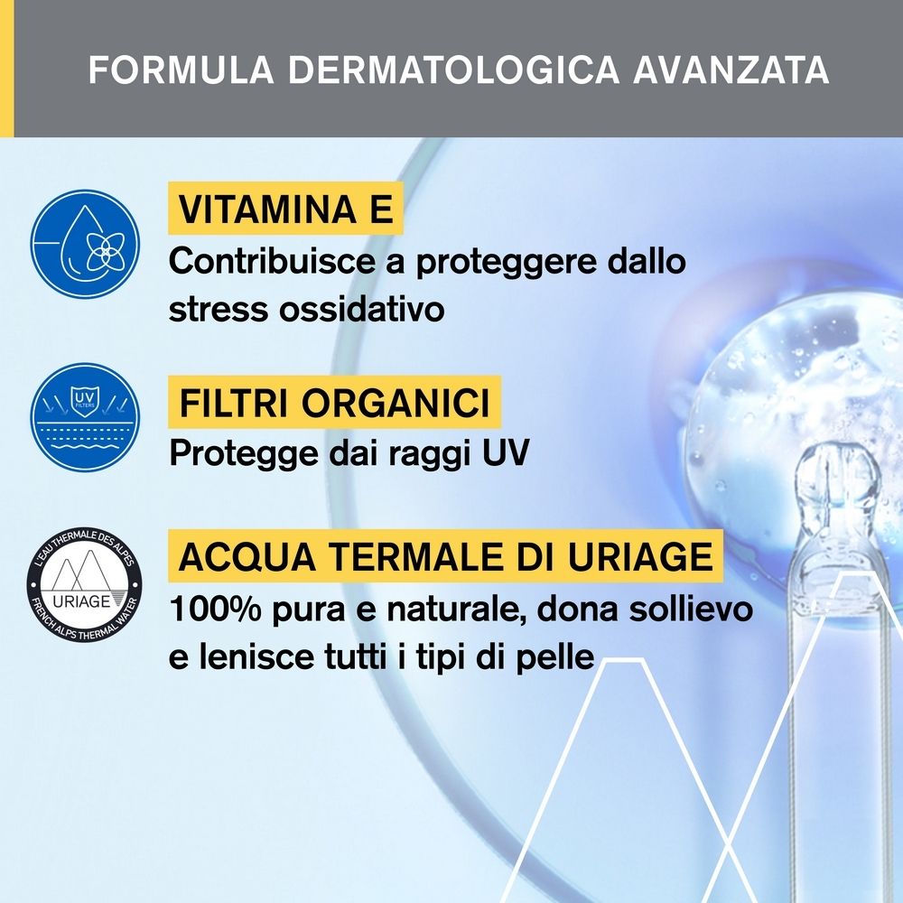 Testo: Vitamina E, protegge dallo stress ossidativo. Filtri organici, proteggono dai raggi UV.