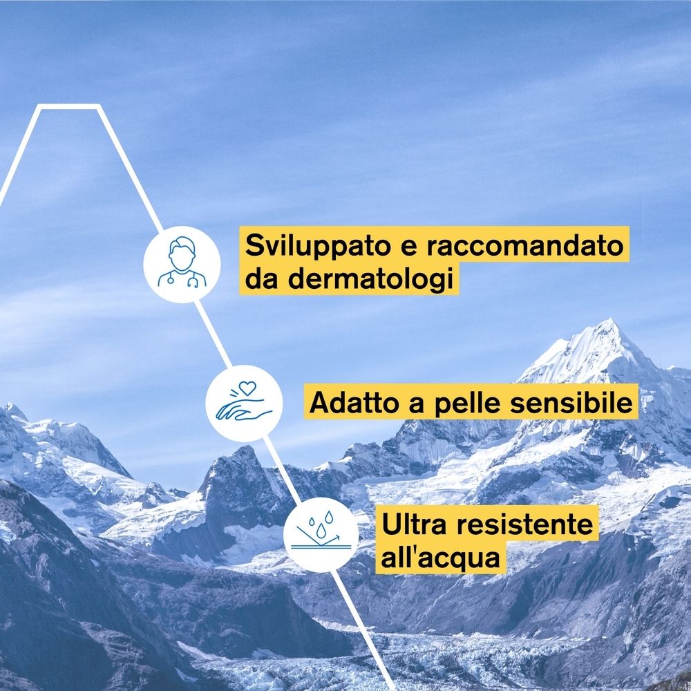 Testo: Sviluppato e raccomandato dai dermatologi. Adatto a pelli sensibili. Resistente all'acqua.