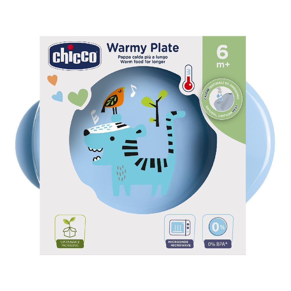 Piatto blu con illustrazione di animale e confezione. Marchio Chicco, Warmy Plate. Adatto a partire da 6 mesi.