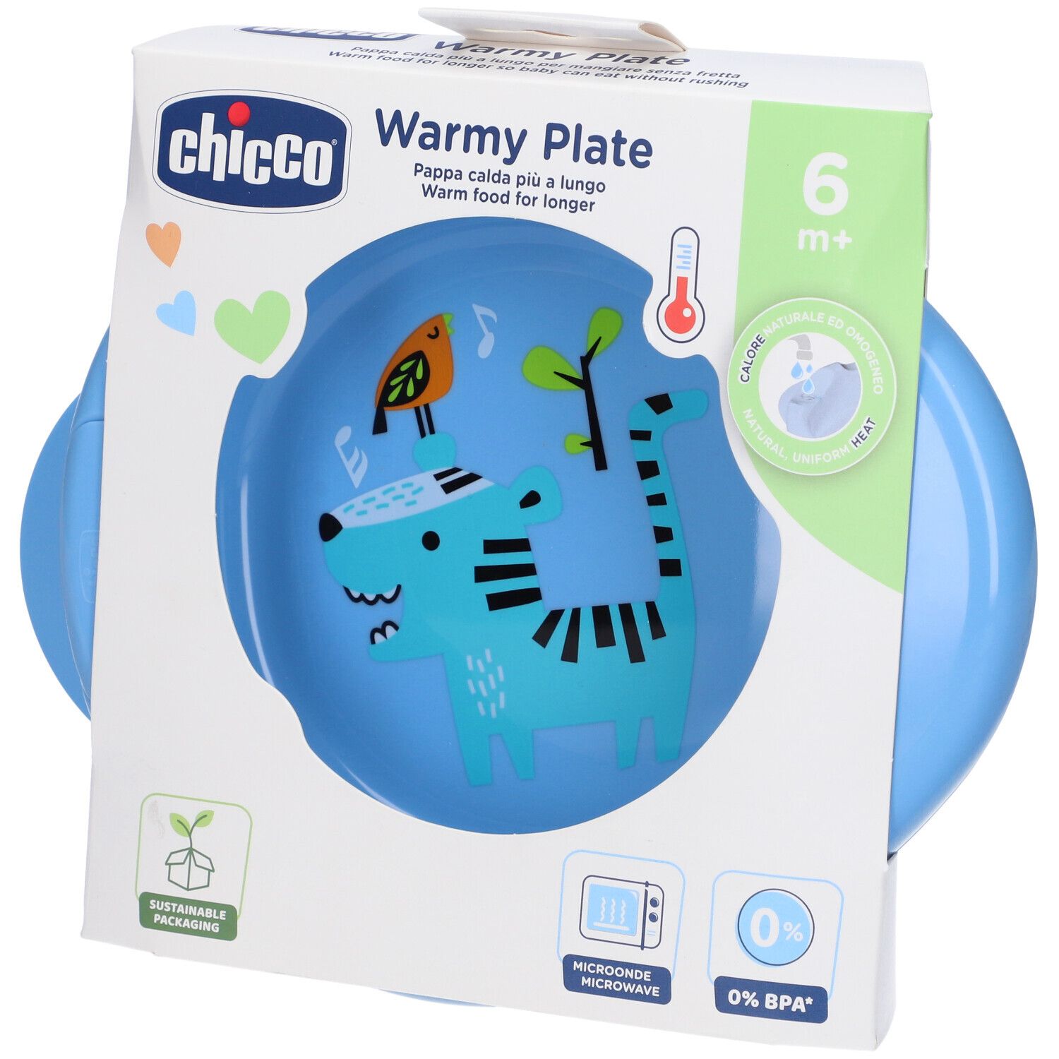 Piatto blu con confezione. Marchio Chicco, Warmy Plate. Adatto a partire da 6 mesi. Adatto al microonde, senza BPA.