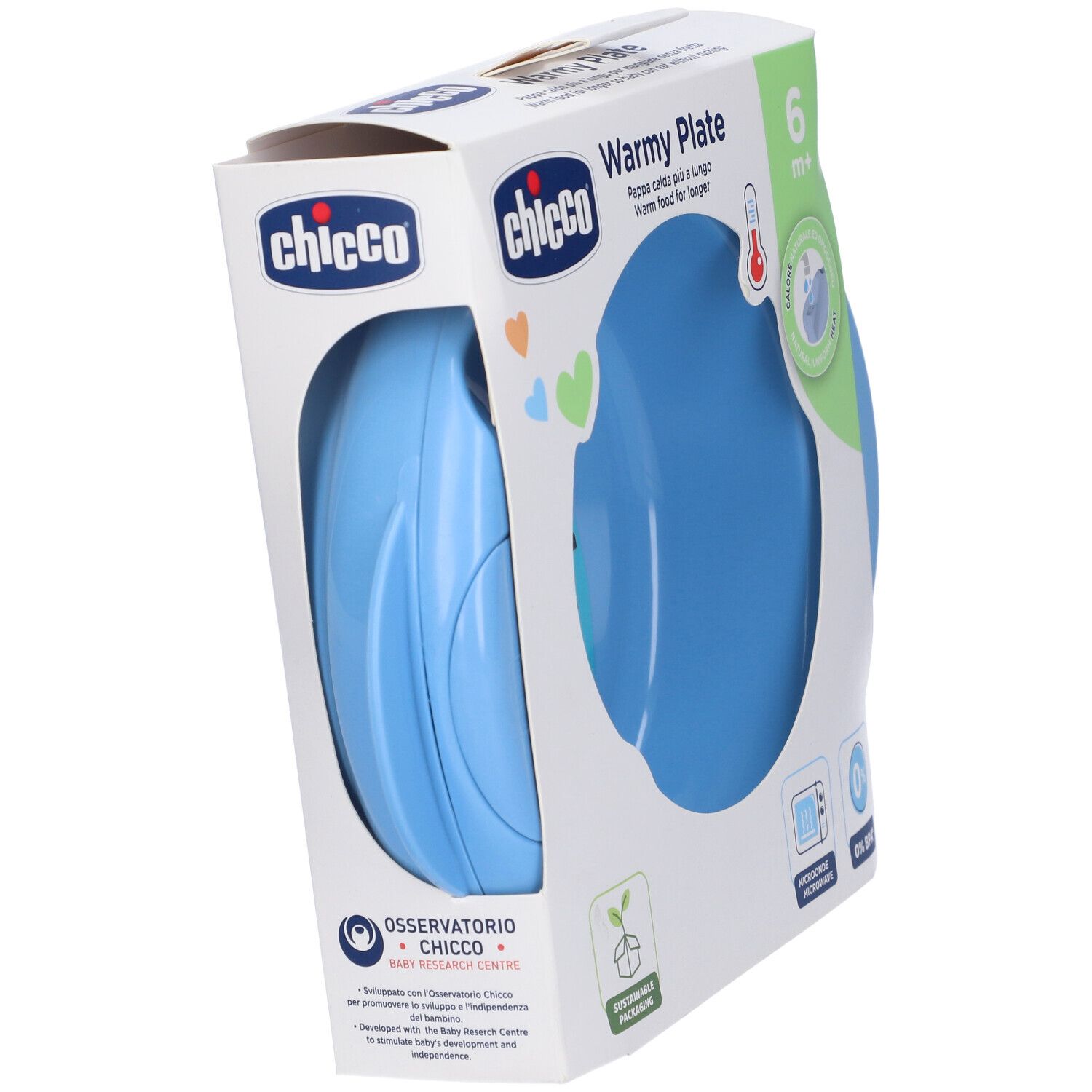 Piatto blu nella confezione. Marchio Chicco, Warmy Plate. Adatto a partire da 6 mesi. Imballaggio sostenibile.