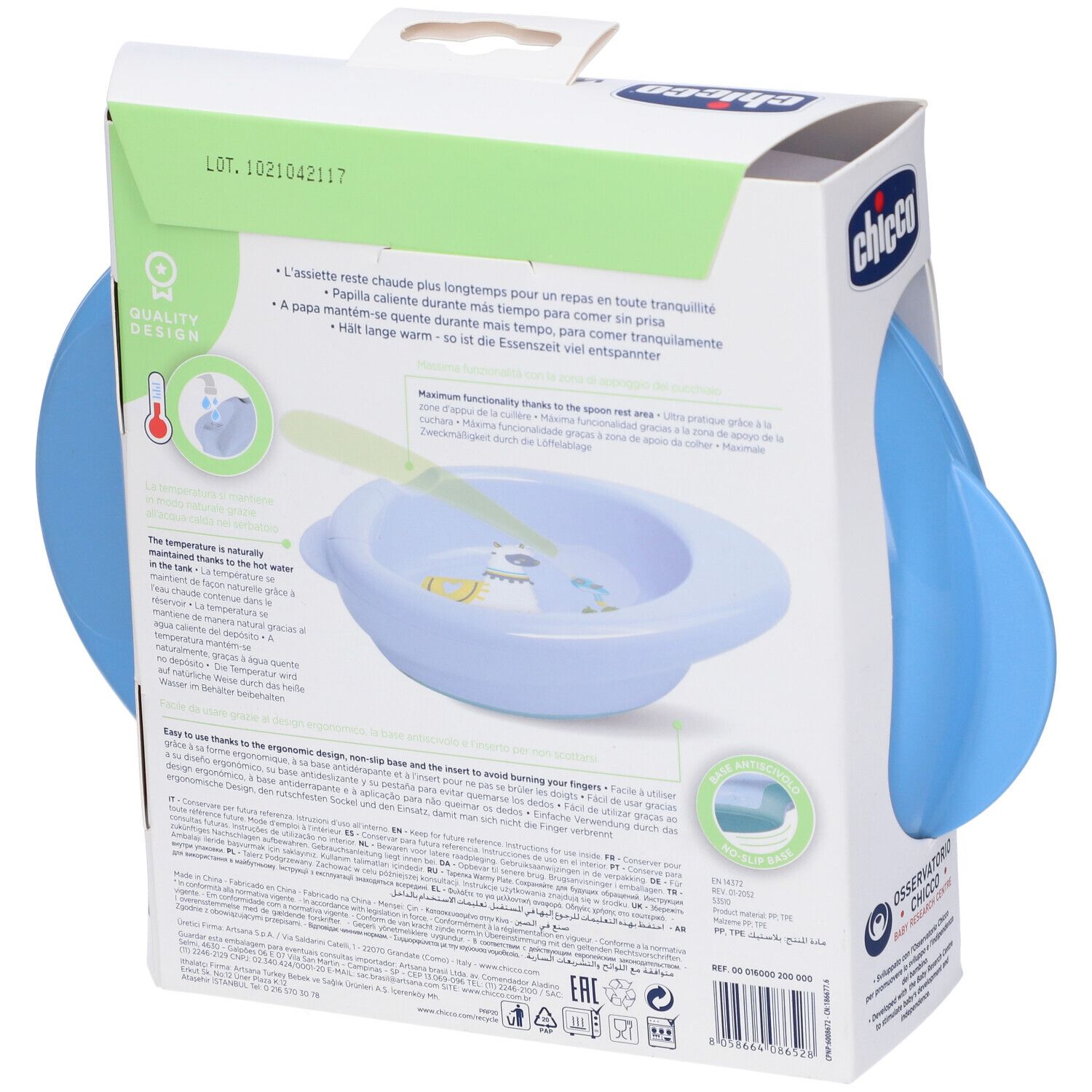 Piatto blu nella confezione. Marchio Chicco, Warmy Plate. Adatto a partire da 6 mesi. Retro della confezione.