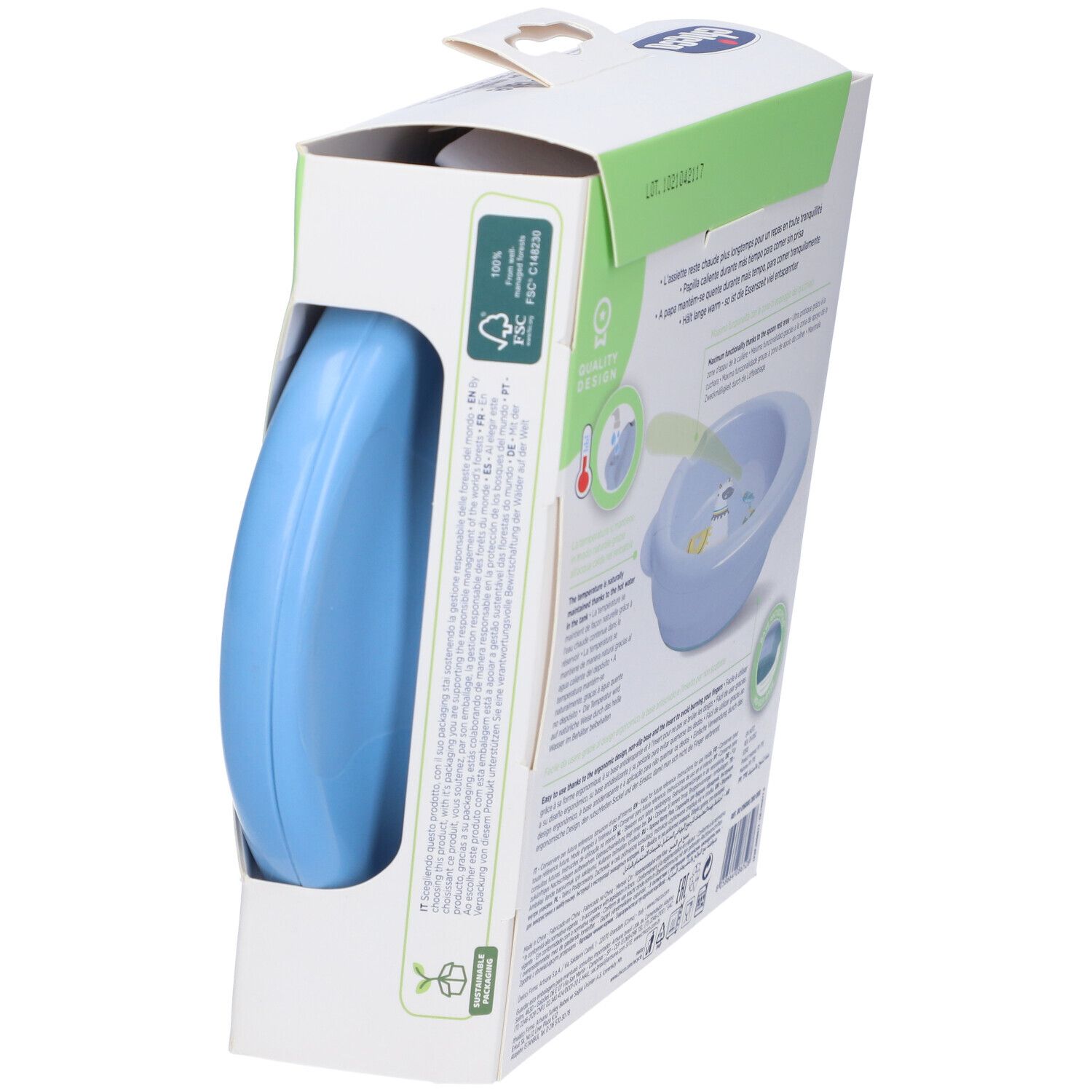 Piatto blu nella confezione. Marchio Chicco, Warmy Plate. Adatto a partire da 6 mesi. Imballaggio sostenibile.