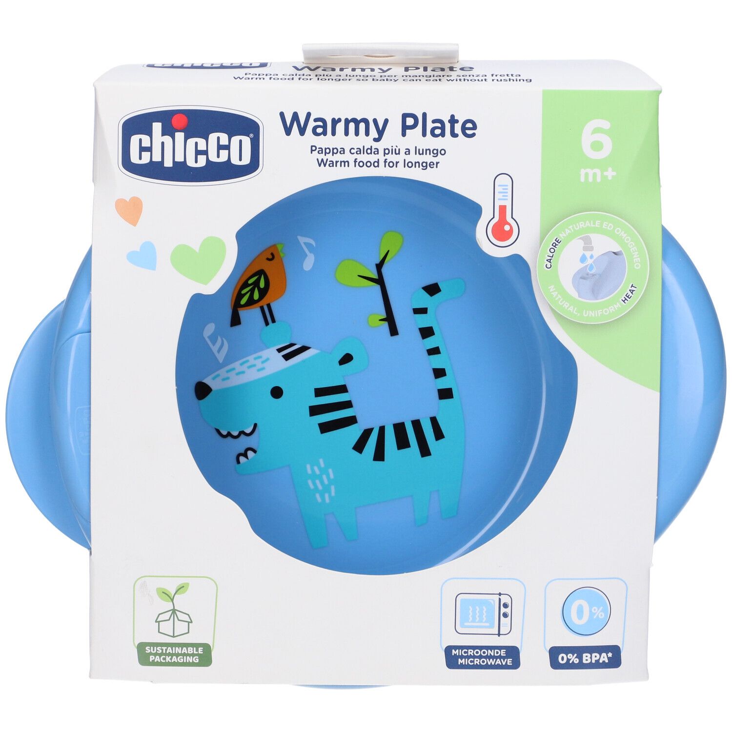 Piatto blu con confezione. Marchio Chicco, Warmy Plate. Adatto a partire da 6 mesi. Adatto al microonde, senza BPA.