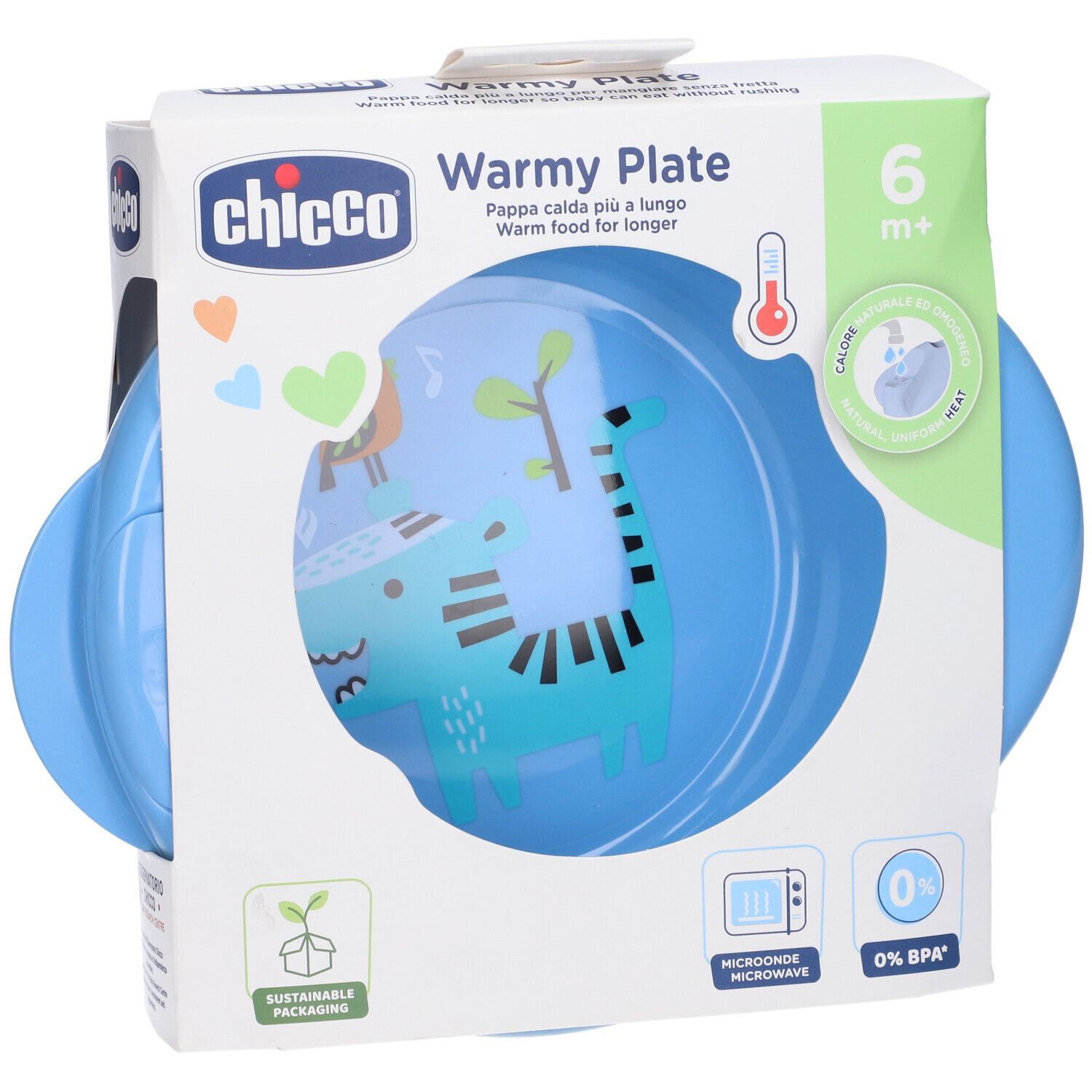 Piatto blu con confezione. Marchio Chicco, Warmy Plate. Adatto a partire da 6 mesi. Adatto al microonde, senza BPA.