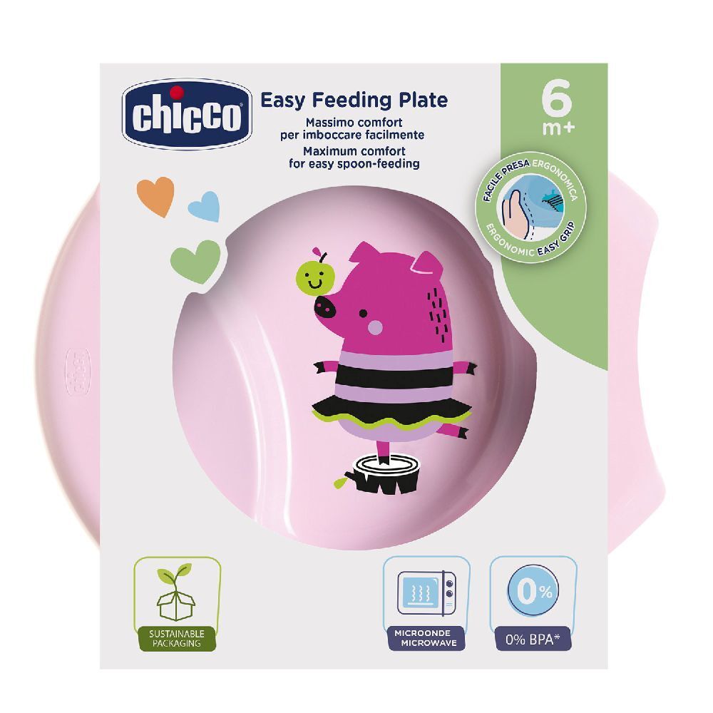 Piatto rosa per bambini con illustrazione di maialino. Marchio Chicco. Adatto dai 6 mesi in su. Adatto al microonde, senza BPA.
