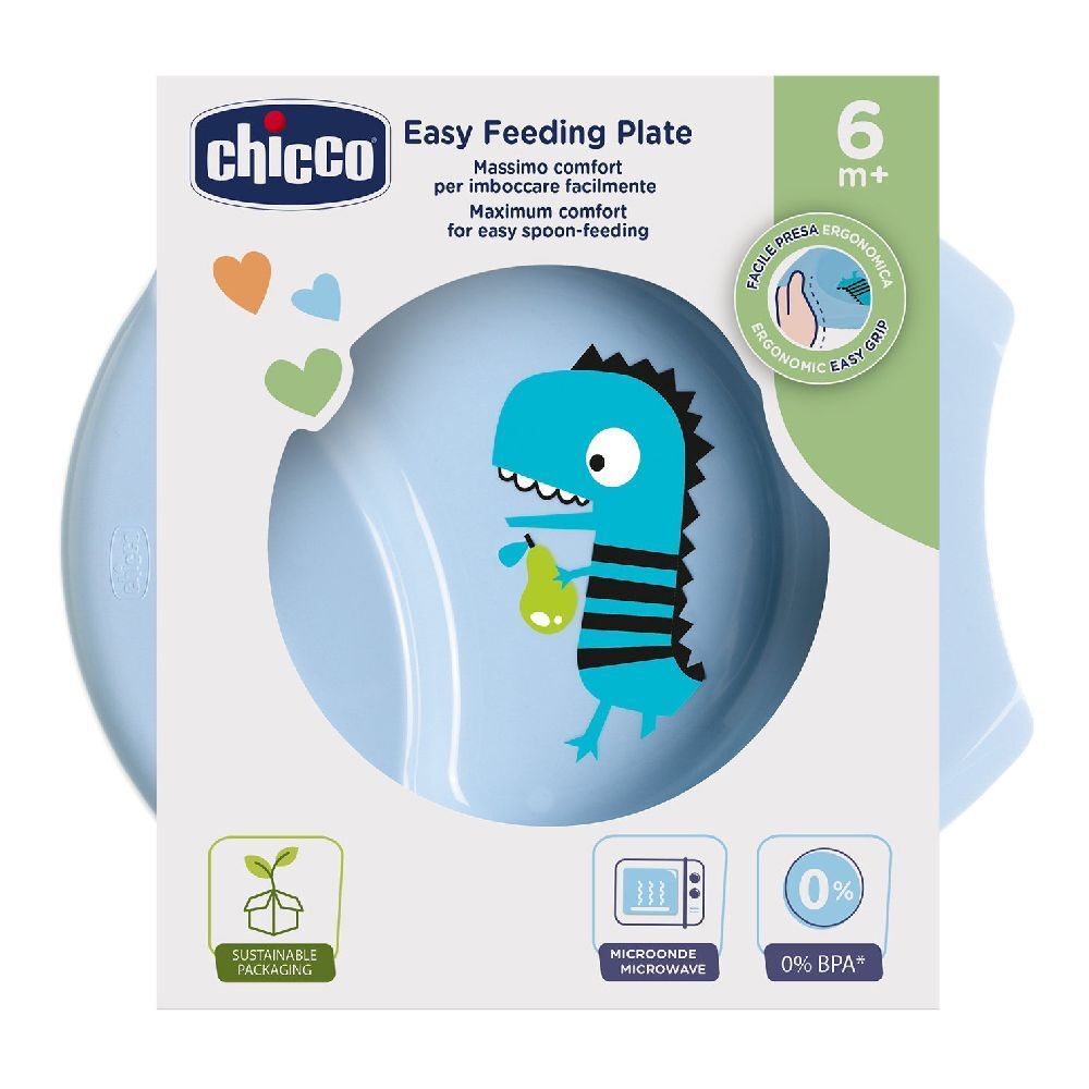 Piatto pappa azzurro con dinosauro, confezionato. Marchio Chicco. 6m+.