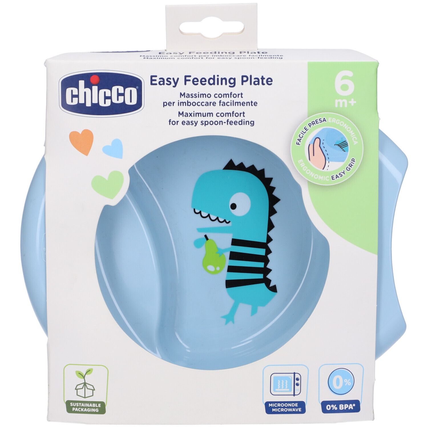 Piatto pappa azzurro con dinosauro, confezionato. Marchio Chicco. 6m+.