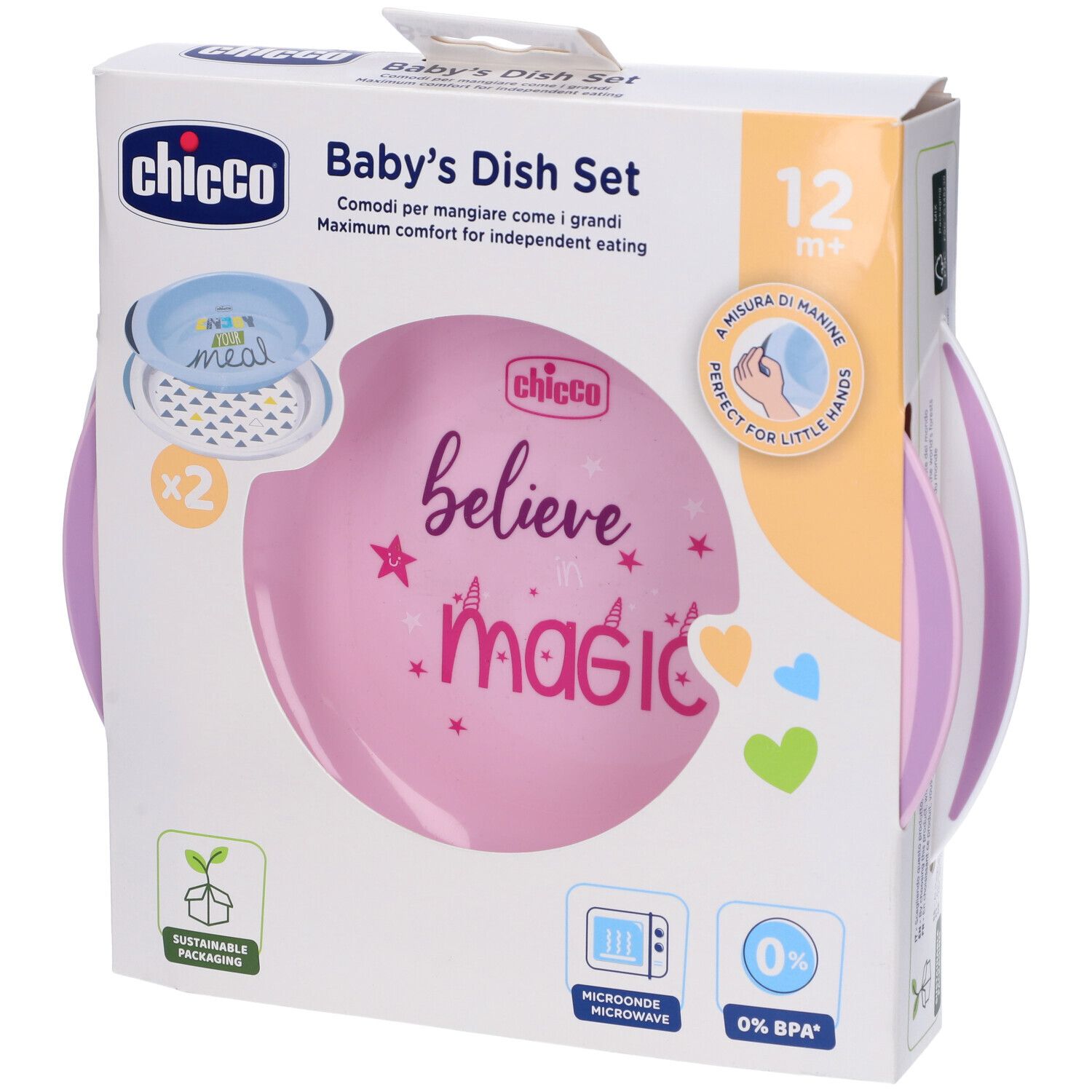 Set Chicco Baby's Dish Set rosa/verde in confezione. Due piatti e un coperchio. Informazioni sul prodotto e logo.