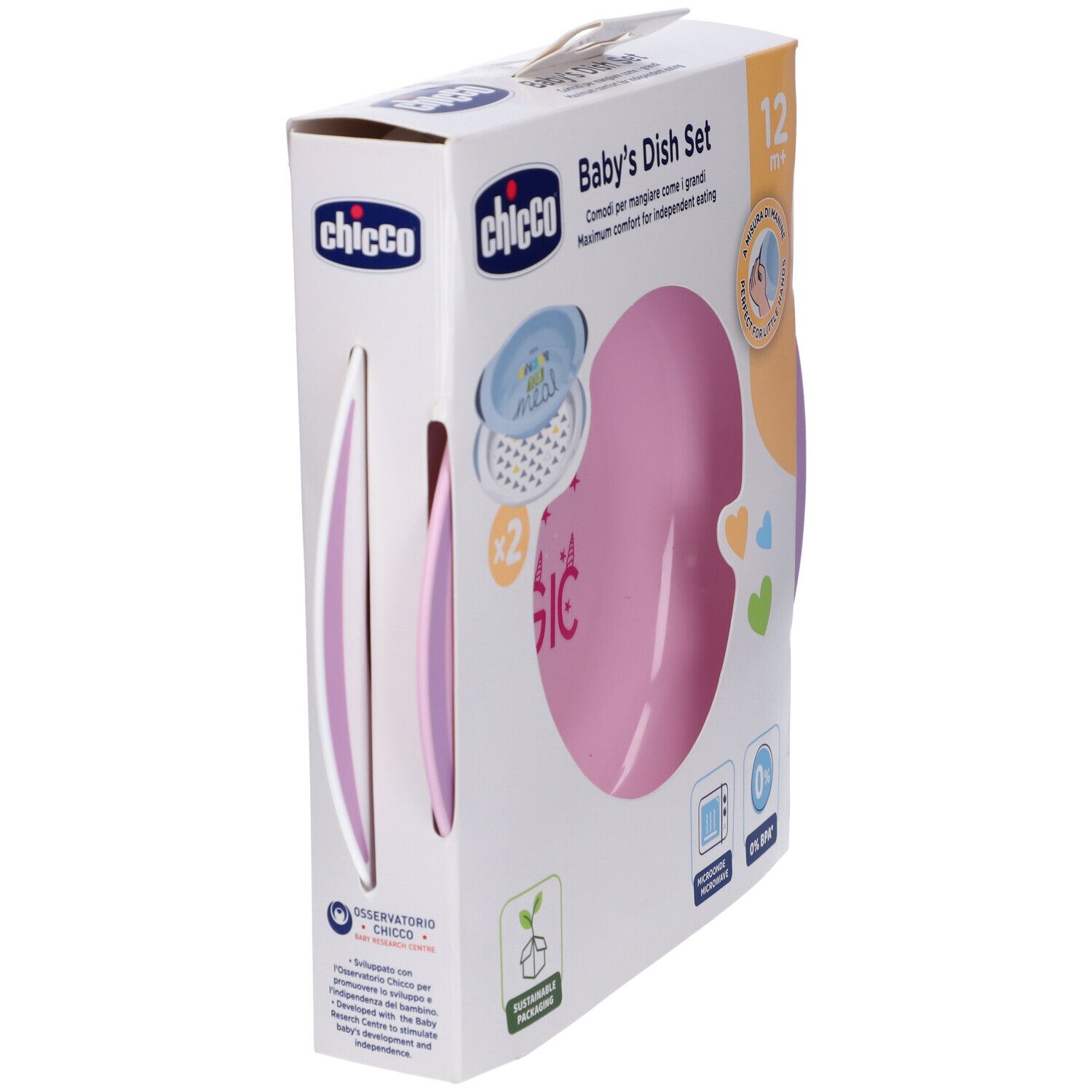 Set Chicco Baby's Dish Set rosa/verde in confezione. Due piatti e un coperchio. Informazioni sul prodotto e logo.