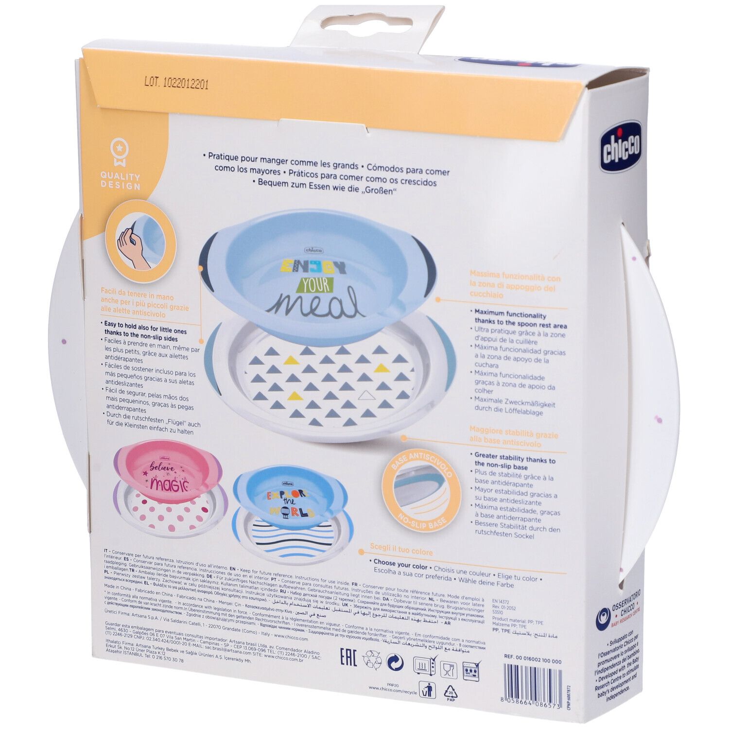 Retro della confezione Chicco Baby's Dish Set. Immagini del prodotto, testo multilingue, loghi e certificazioni.