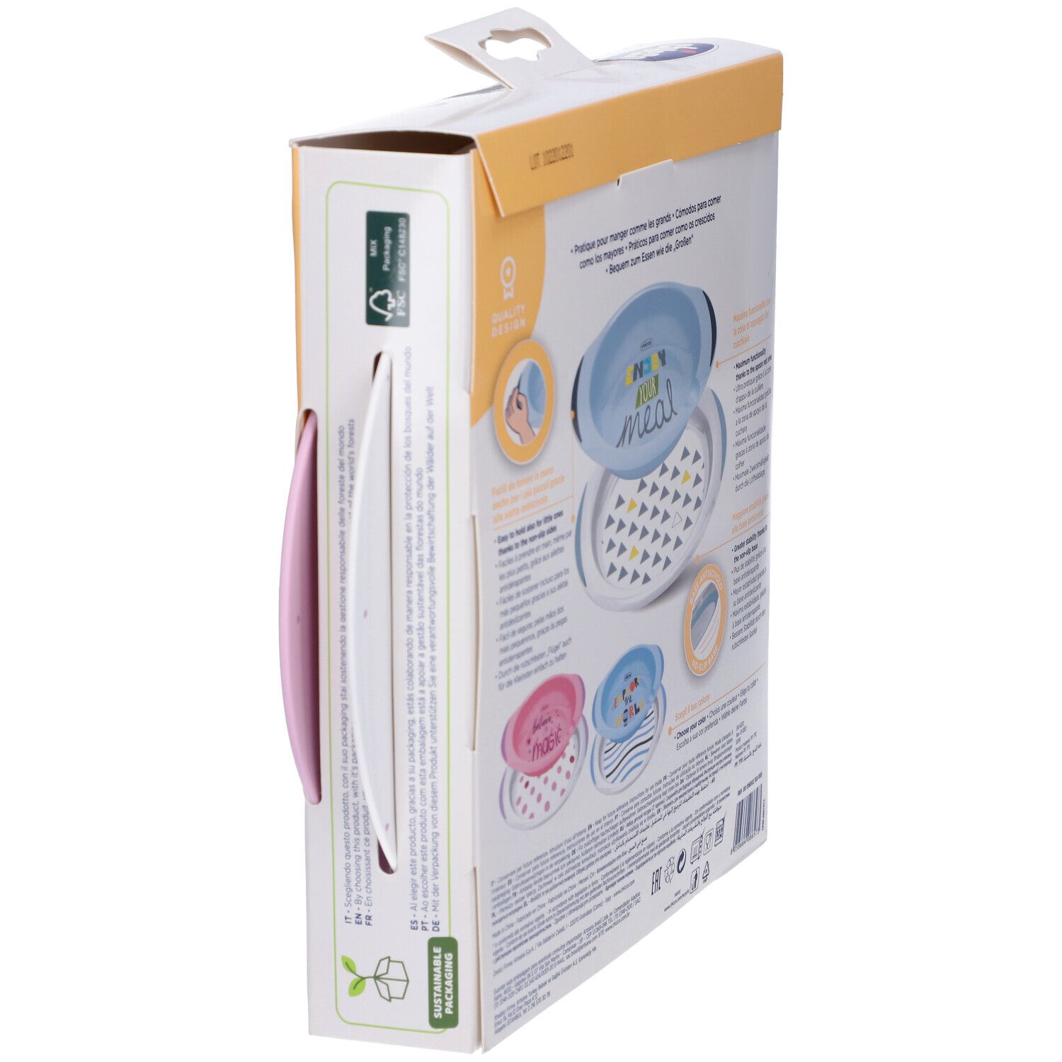 Lato della confezione Chicco Baby's Dish Set. Immagini del prodotto, testo multilingue, loghi e certificazioni.
