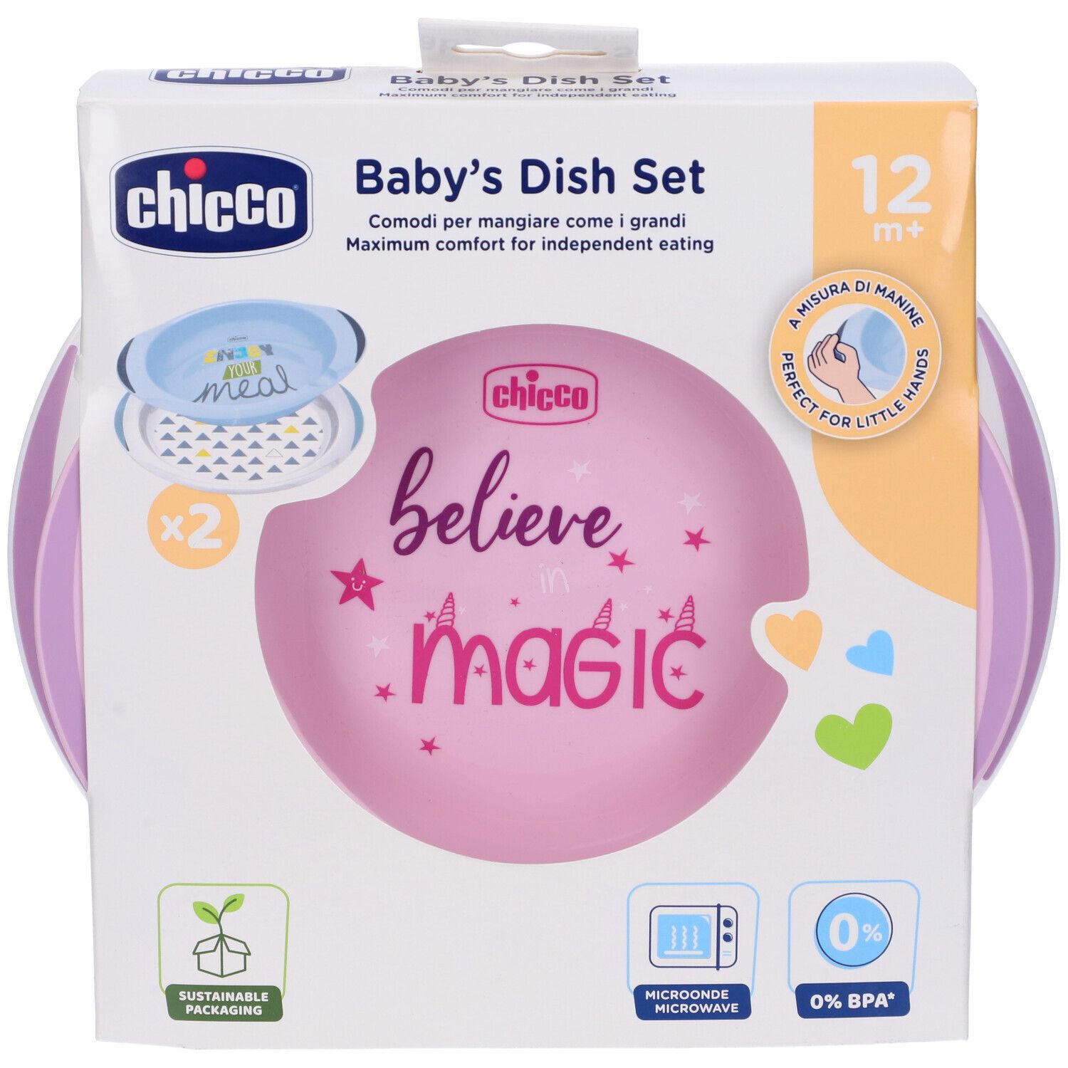 Set Chicco Baby's Dish Set rosa/verde in confezione. Due piatti e un coperchio. Informazioni sul prodotto e logo.