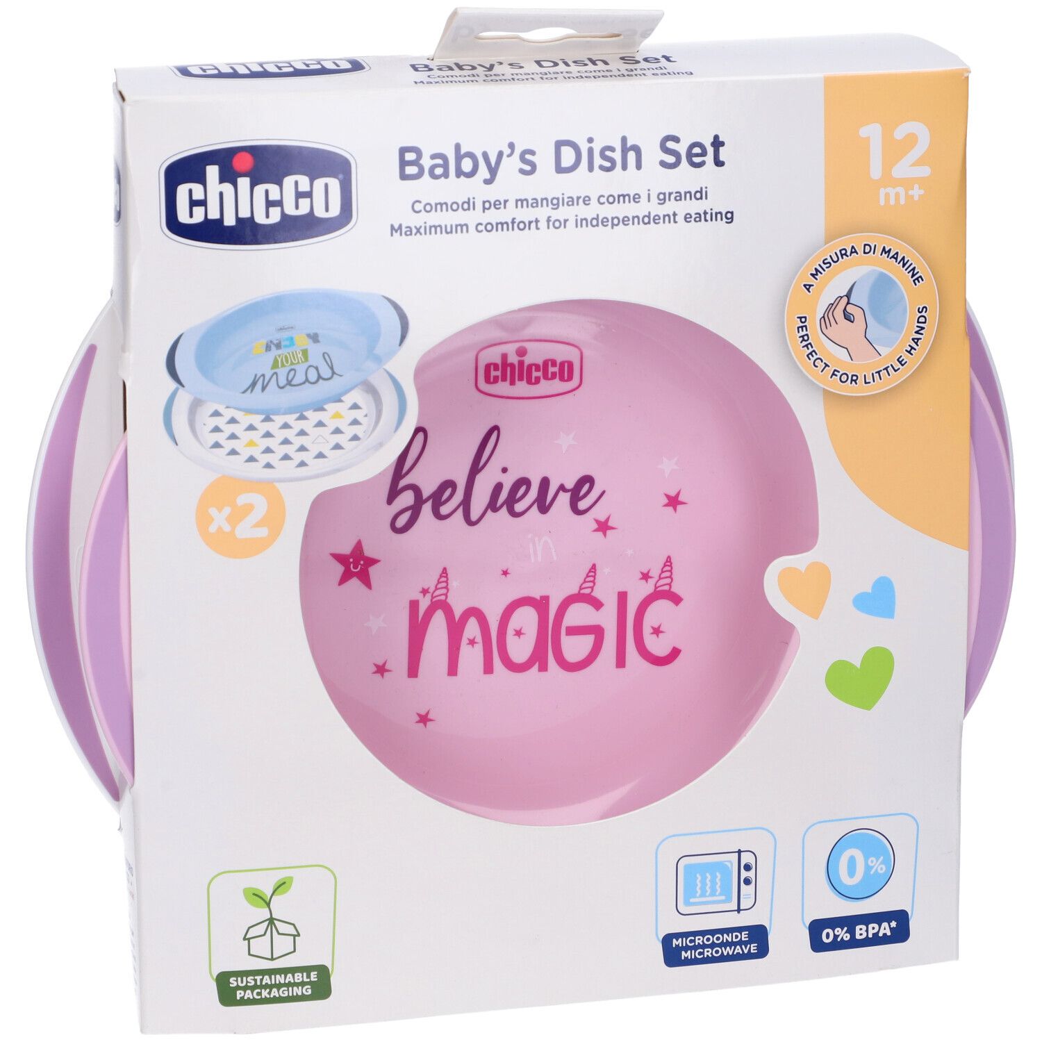 Set Chicco Baby's Dish Set rosa/verde in confezione. Due piatti e un coperchio. Informazioni sul prodotto e logo.