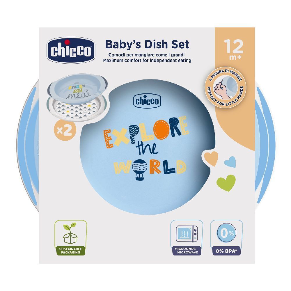 Confezione set pappa per bambini. Due piatti blu con manici. Scritta "Explore the World". Marchio: Chicco.