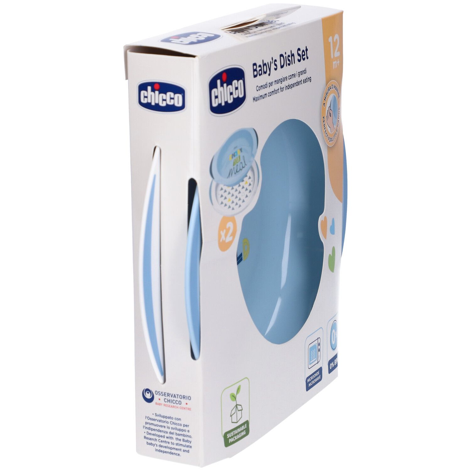 Confezione del set pappa per bambini. Due piatti blu con manici. Scritta "Explore the World". Marchio: Chicco. 12m+.