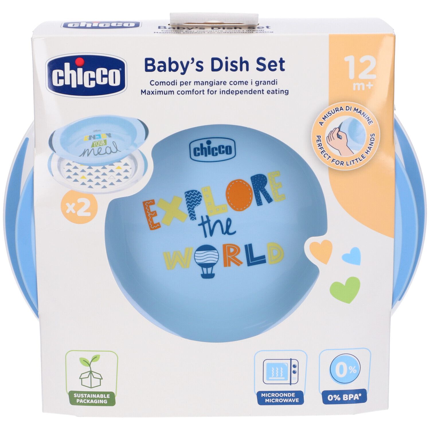 Confezione set pappa per bambini. Due piatti blu con manici. Scritta "Explore the World". Marchio: Chicco.