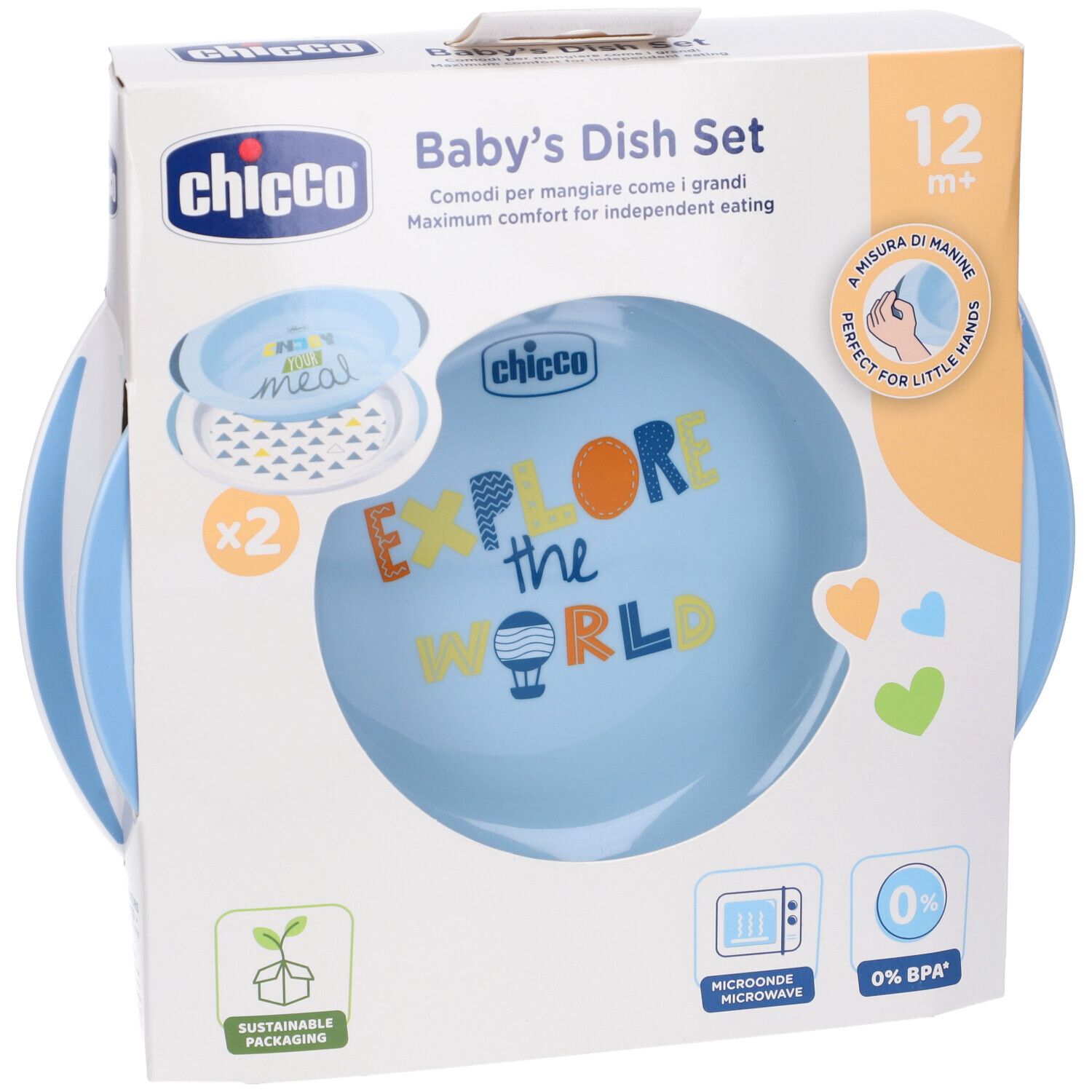 Confezione set pappa per bambini. Due piatti blu con manici. Scritta "Explore the World". Marchio: Chicco.
