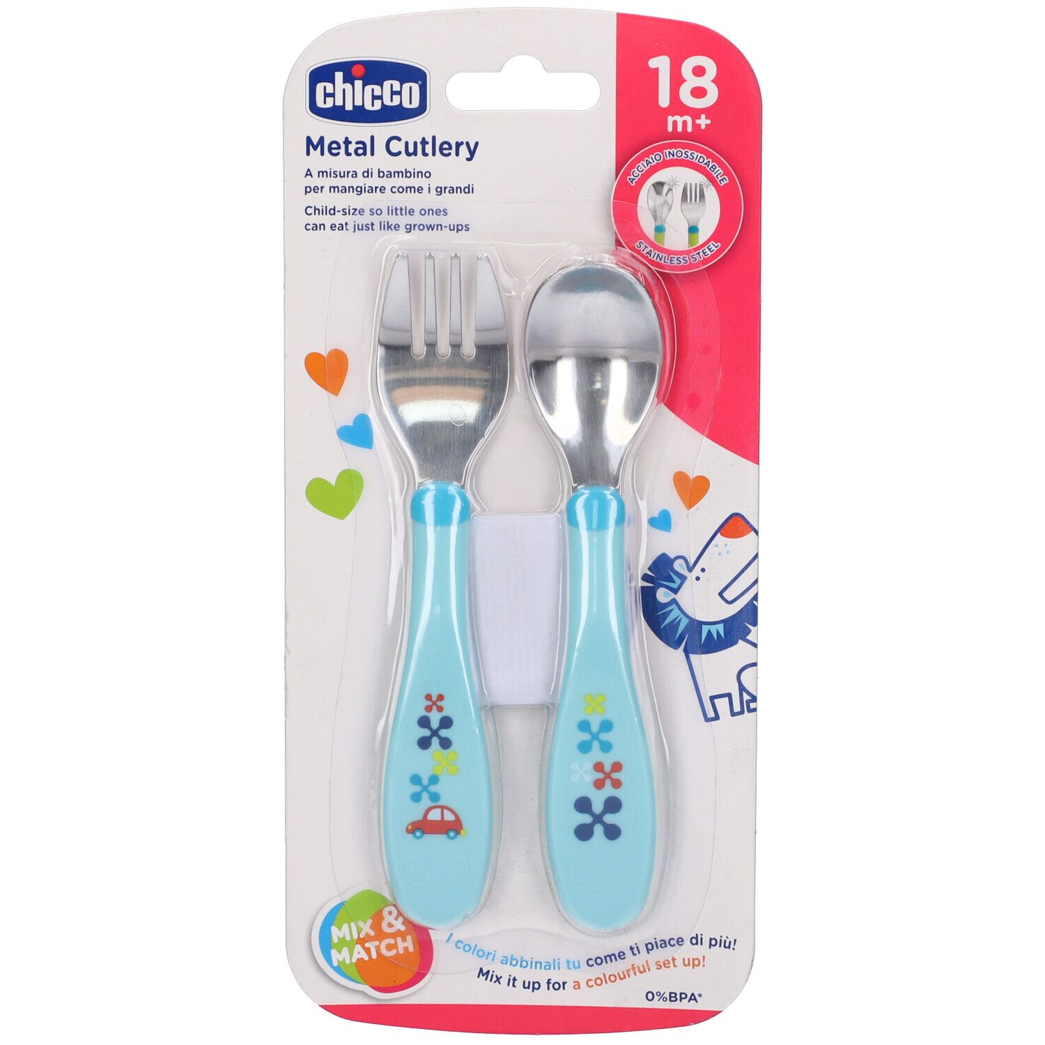 Set posate Chicco, forchetta e cucchiaio blu. Confezione con nome prodotto e indicazione età 18m+.
