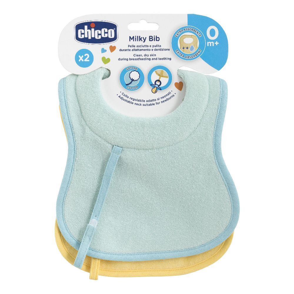 Due bavaglini azzurri e gialli Chicco. Confezione con cartoncino e nome del prodotto. Chiusura regolabile.