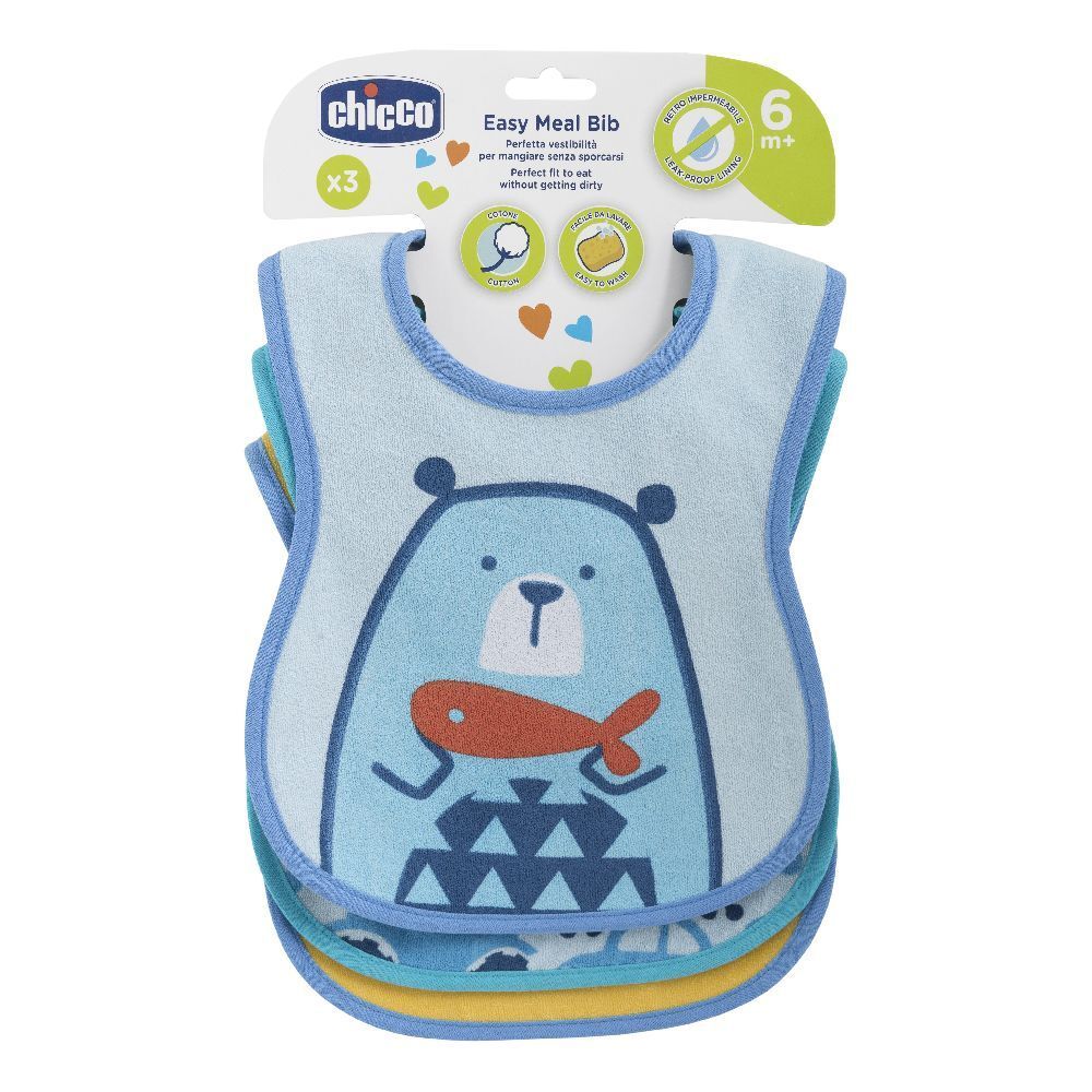 Bavaglini Chicco Easy Meal. 3 bavaglini blu con orsetto. 6M+. Confezione con logo e informazioni prodotto.