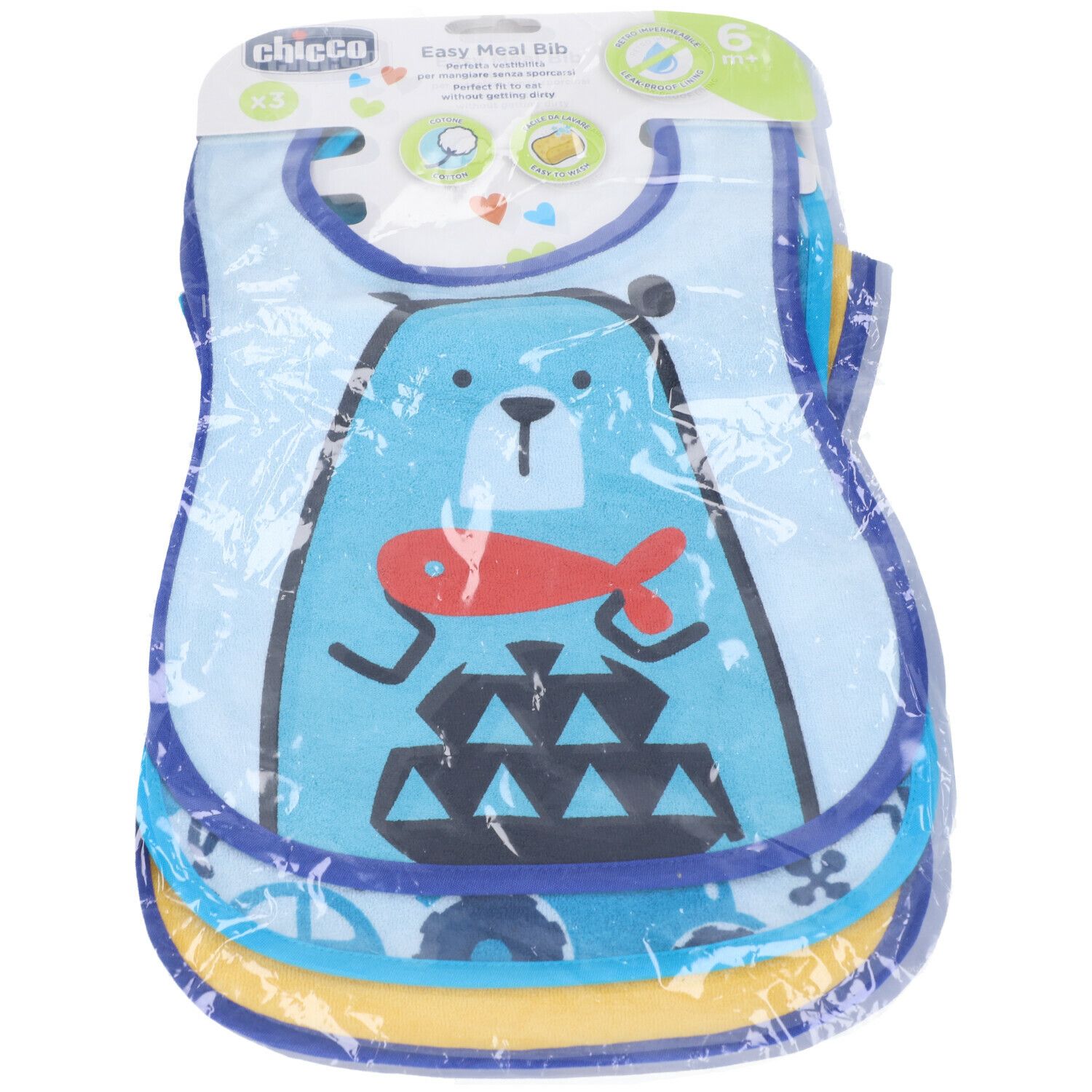 Bavaglini Chicco Easy Meal, confezionati. 3 bavaglini blu con orsetto. 6M+. Confezione trasparente.