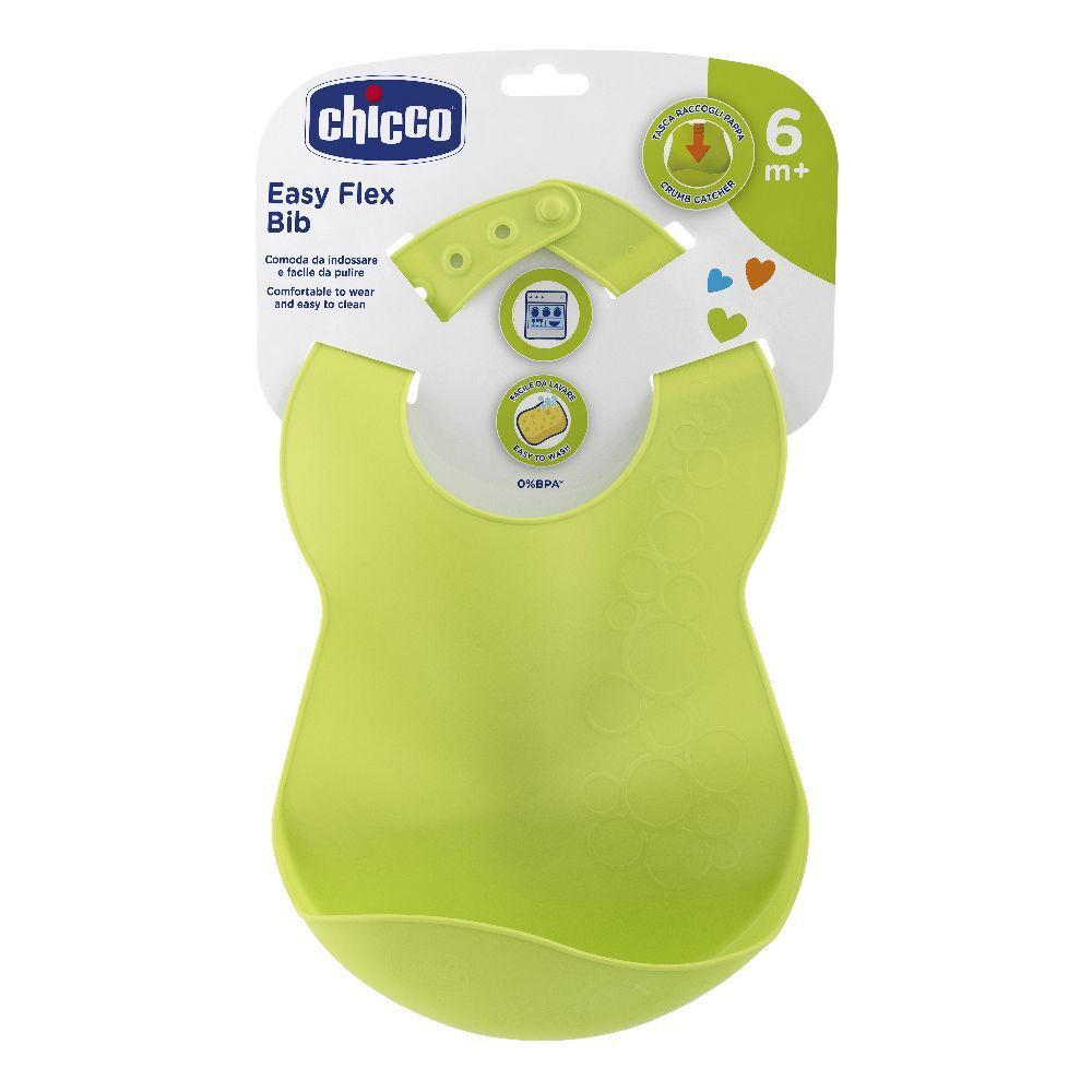 Bavaglino verde Chicco Easy Flex. Ha una fibbia regolabile ed è adatto a bambini dai 6 mesi in su.