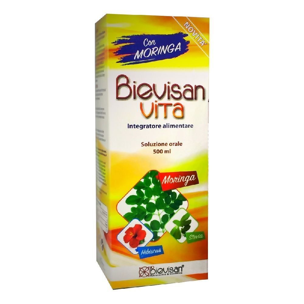Confezione in cartone di Bievisan Vita. Scritte: Moringa, Ibisco, 500 ml. Giallo, bianco e verde.