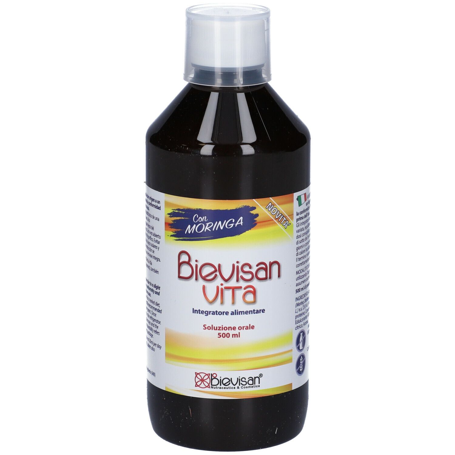 Bottiglia di Bievisan Vita con tappo bianco. Scritte: Moringa, 500 ml. Liquido marrone.