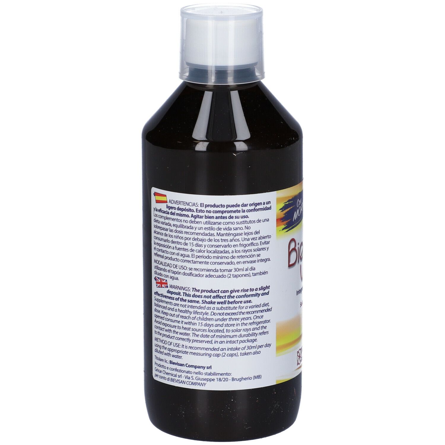 Bottiglia Bievisan Vita, retro. Scritte: istruzioni per l'uso, 500 ml. Liquido marrone.