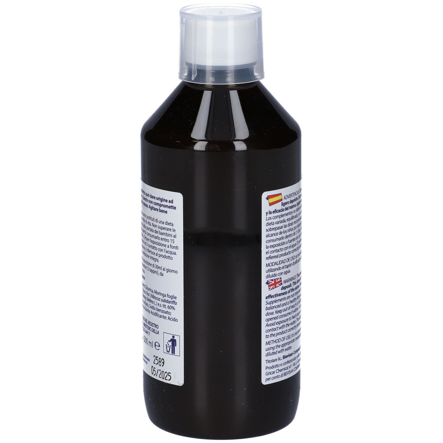 Bottiglia Bievisan Vita, retro. Scritte: istruzioni per l'uso, 500 ml. Liquido marrone.