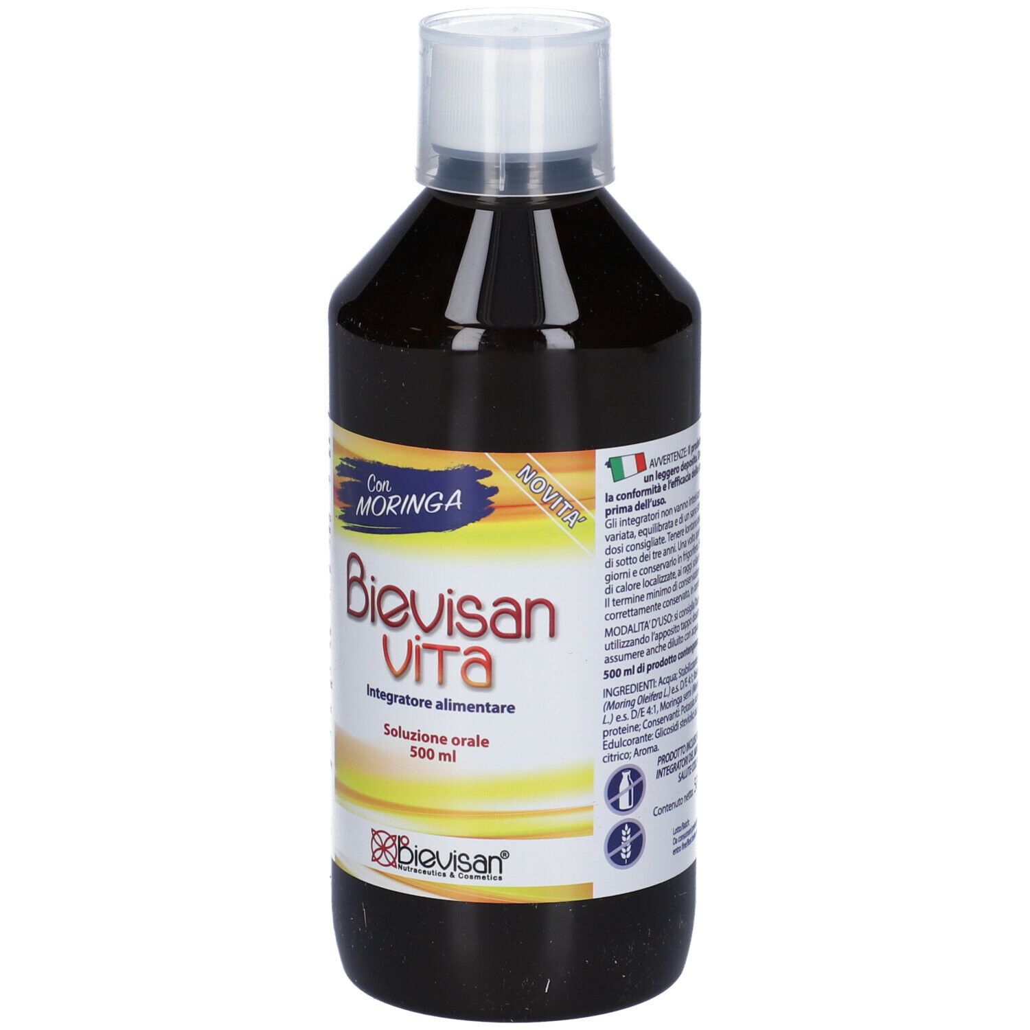 Bottiglia Bievisan Vita, retro. Scritte: istruzioni per l'uso, 500 ml. Liquido marrone.
