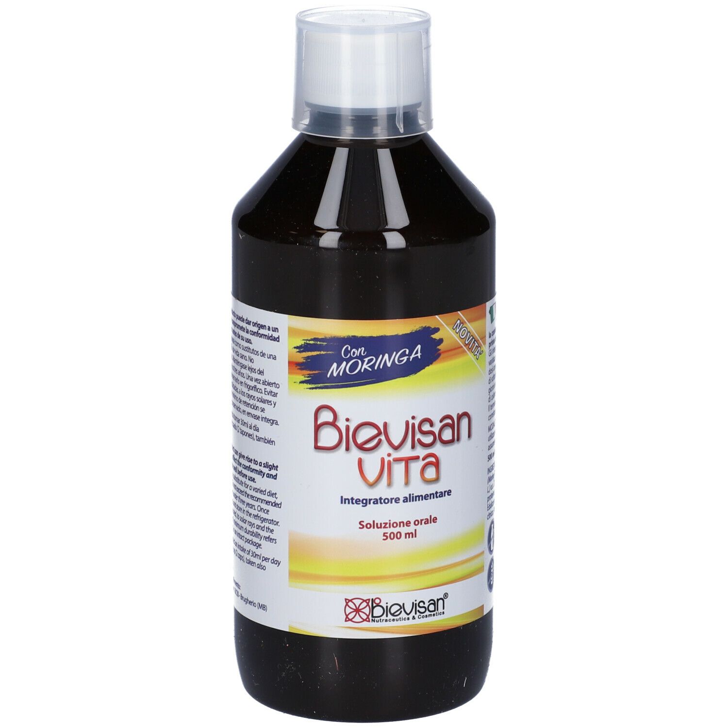 Bottiglia di Bievisan Vita con tappo bianco. Scritte: Moringa, 500 ml. Liquido marrone.