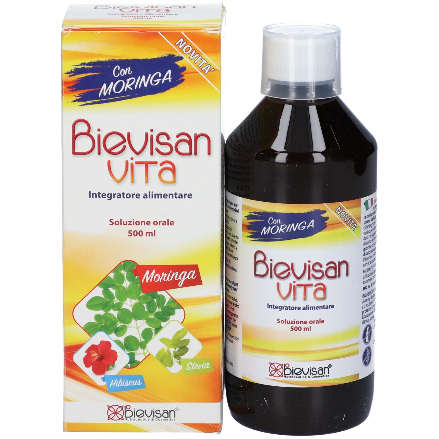 Bottiglia Bievisan Vita e confezione in cartone. Scritte: Moringa, 500 ml. Liquido marrone.