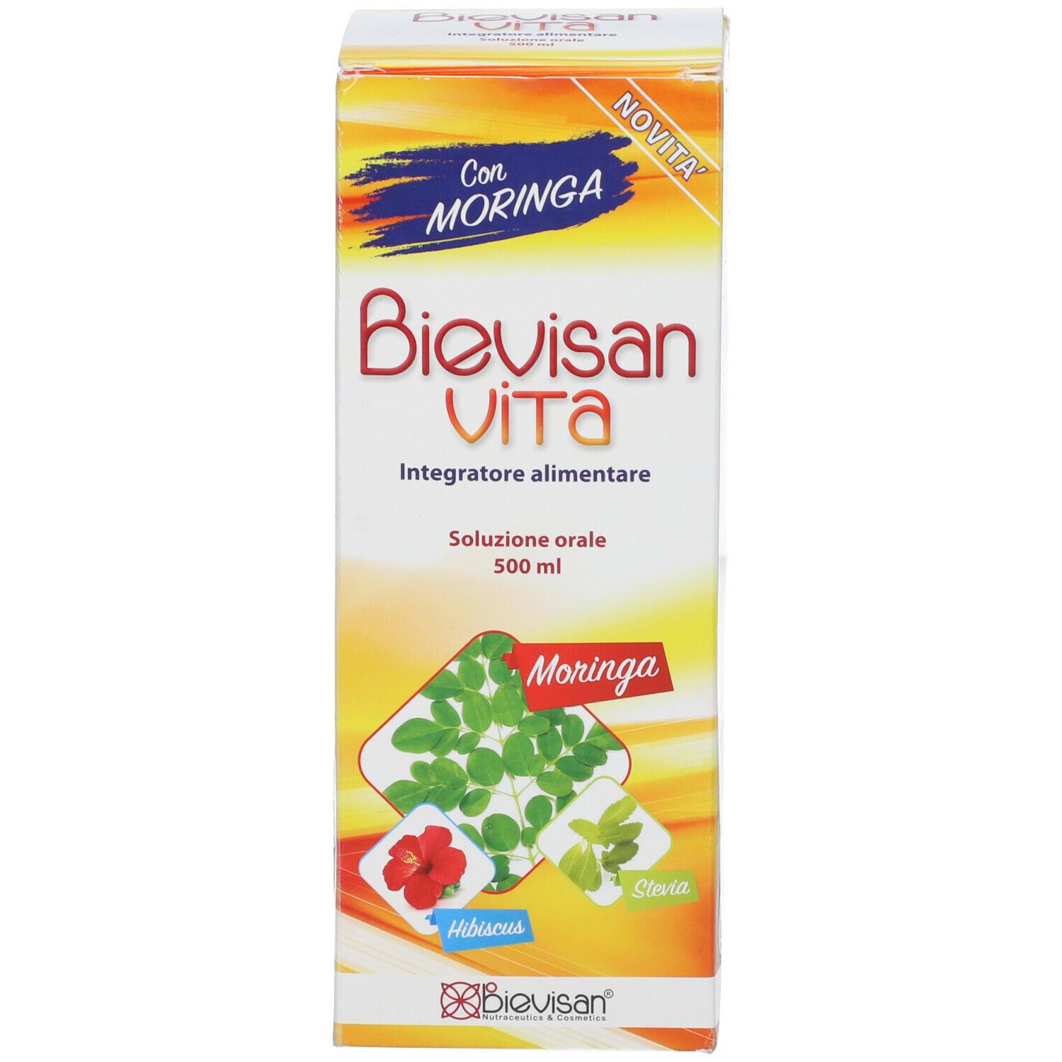 Confezione in cartone di Bievisan Vita. Scritte: Moringa, 500 ml. Giallo, bianco e verde.