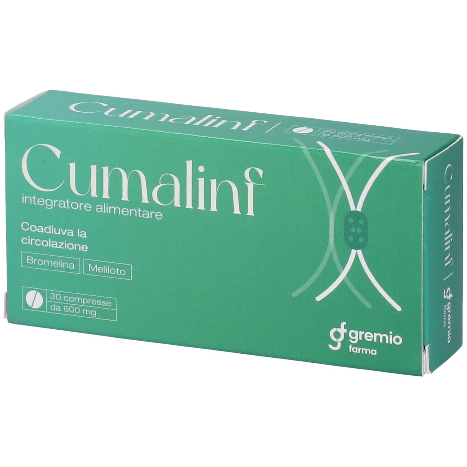 Scatola verde 'Cumalinf'. Contiene 30 compresse. Logo 'gremio farma'.