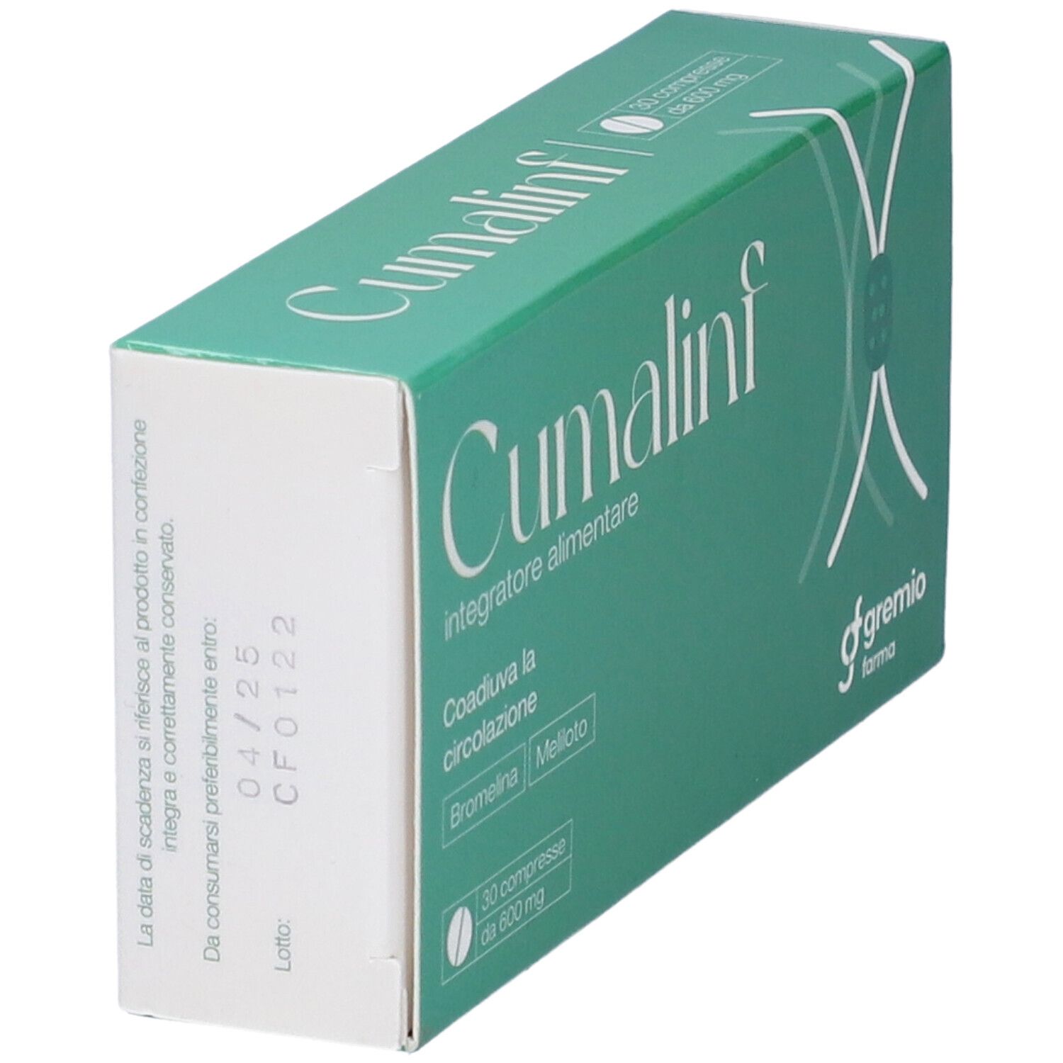 Scatola verde 'Cumalinf'. Contiene 30 compresse. Logo 'gremio farma'. Vista laterale con data di scadenza.