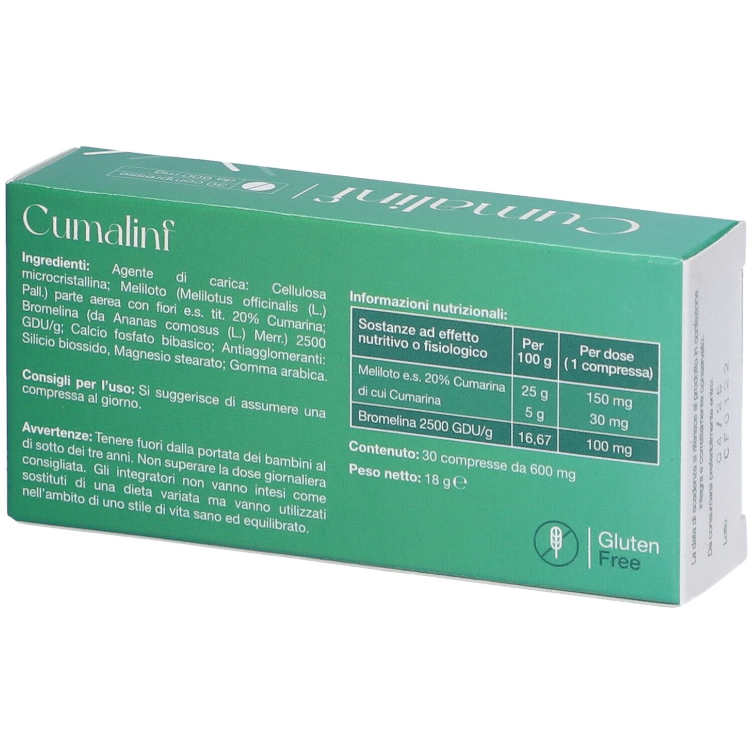 Retro della scatola verde 'Cumalinf'. Contiene ingredienti e informazioni nutrizionali. Senza glutine.