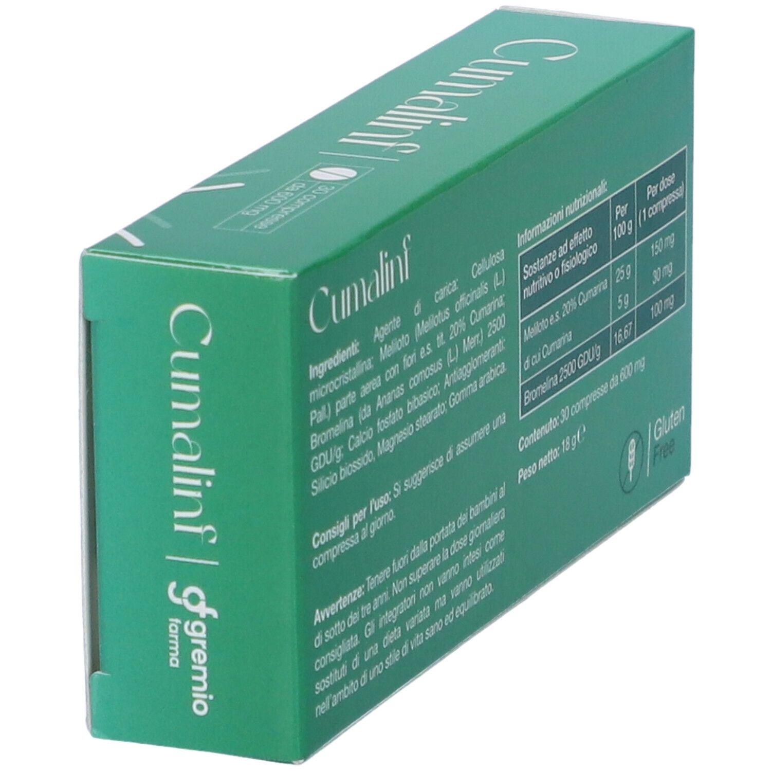Vista obliqua della scatola verde 'Cumalinf'. Contiene ingredienti e informazioni nutrizionali. Senza glutine.