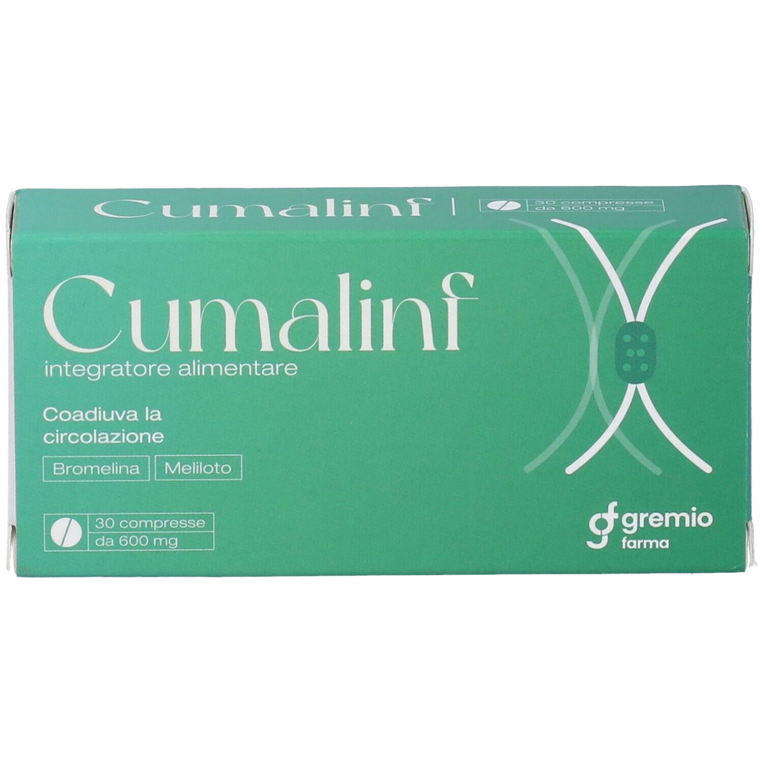 Scatola verde 'Cumalinf'. Contiene 30 compresse. Logo 'gremio farma'.