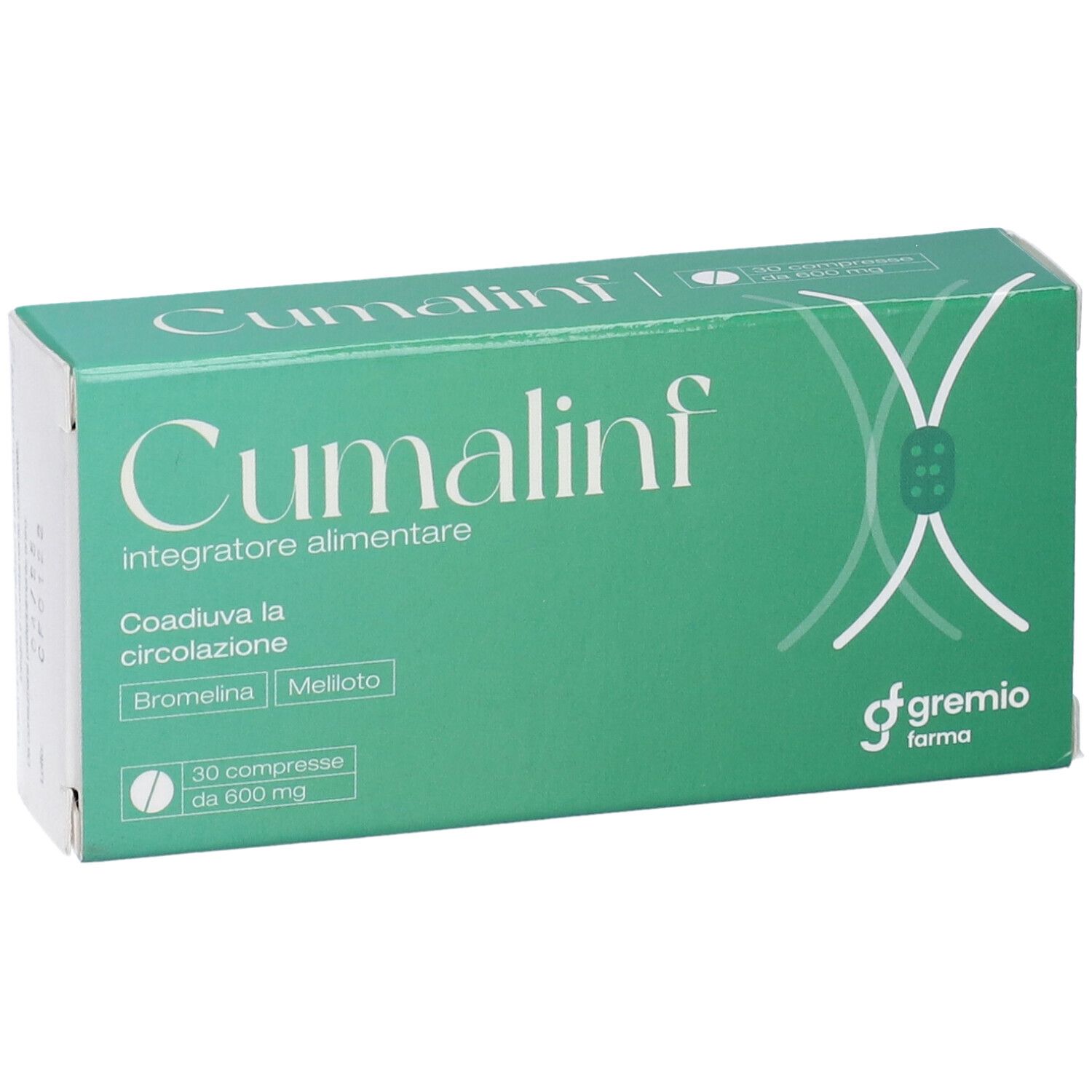 Scatola verde 'Cumalinf'. Contiene 30 compresse. Logo 'gremio farma'.