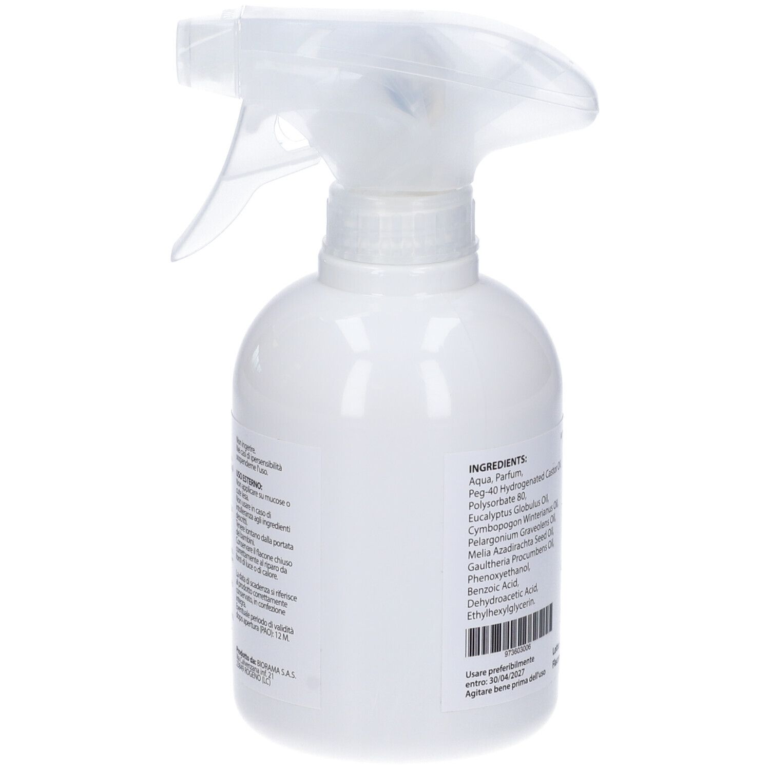 Retro di un flacone spray bianco. Elenco ingredienti. Testo in italiano.