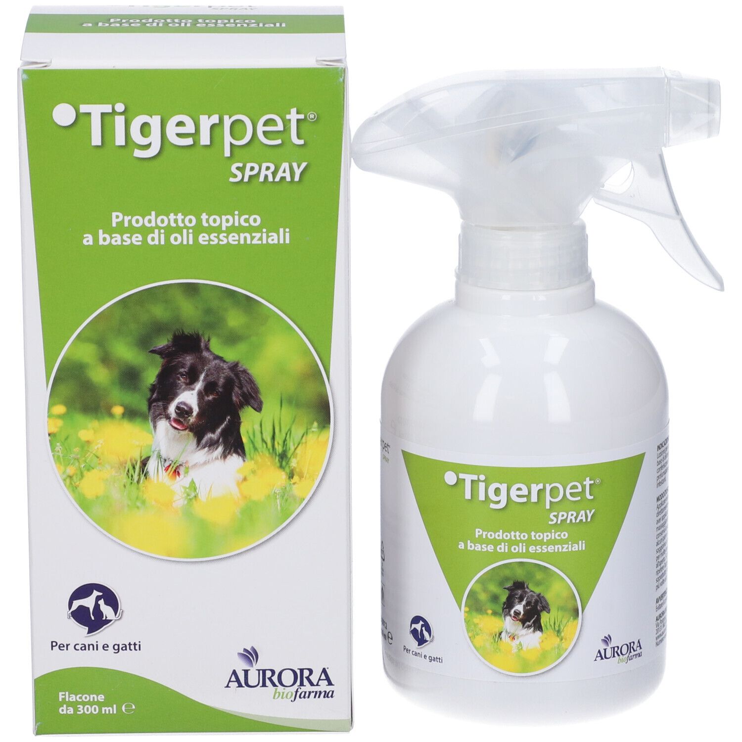 Confezione del prodotto e flacone spray. Scritta: Tigerpet Spray. Immagine del prodotto con cane. Confezione verde.