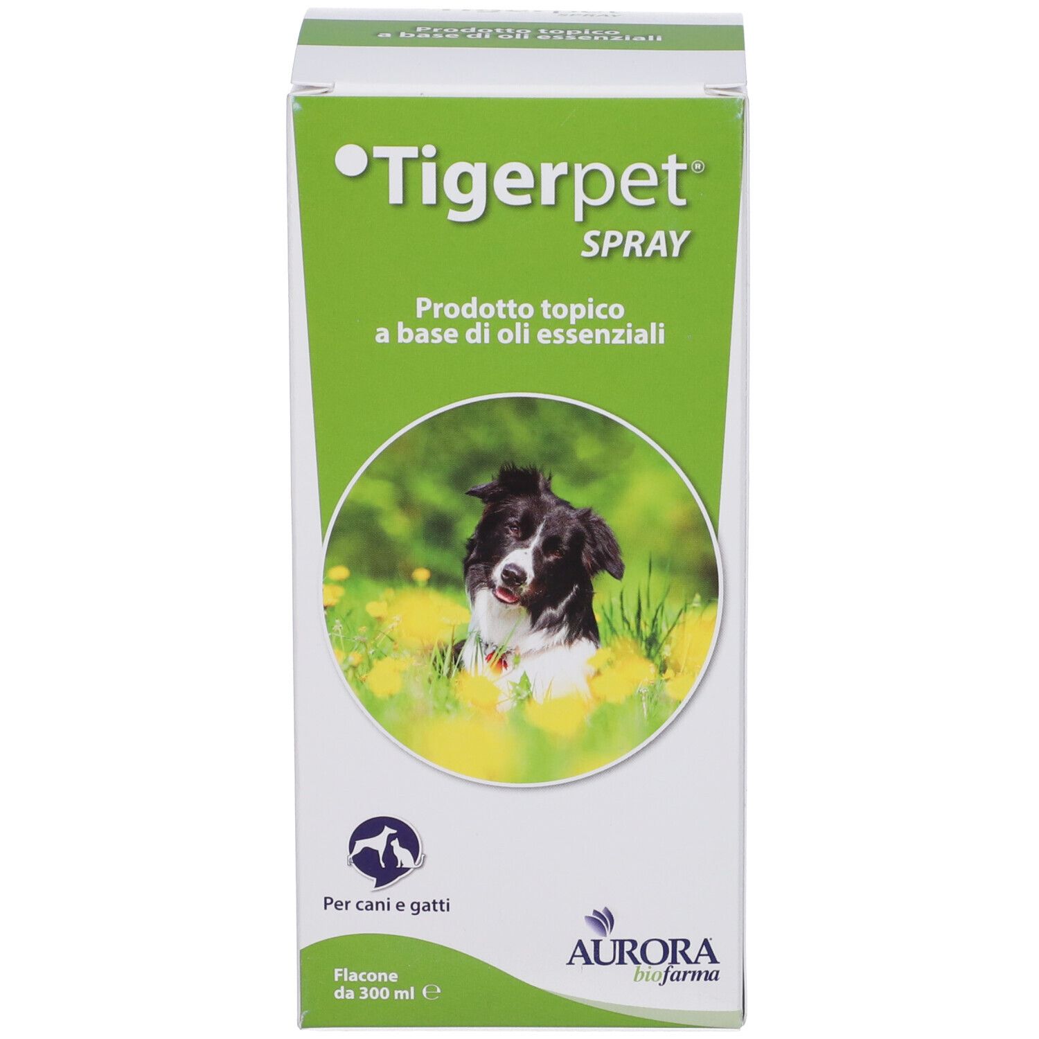Confezione del prodotto verde. Scritta: Tigerpet Spray. Immagine del prodotto con cane. Testo in italiano.