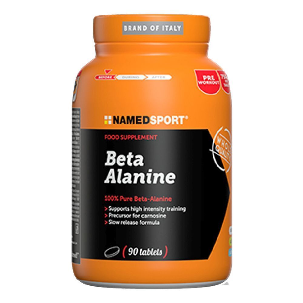 Orangefarbene Flasche mit NAMEDSPORT Beta Alanin. Enthält 90 Tabletten. Aufschrift: 100% reines Beta-Alanin.