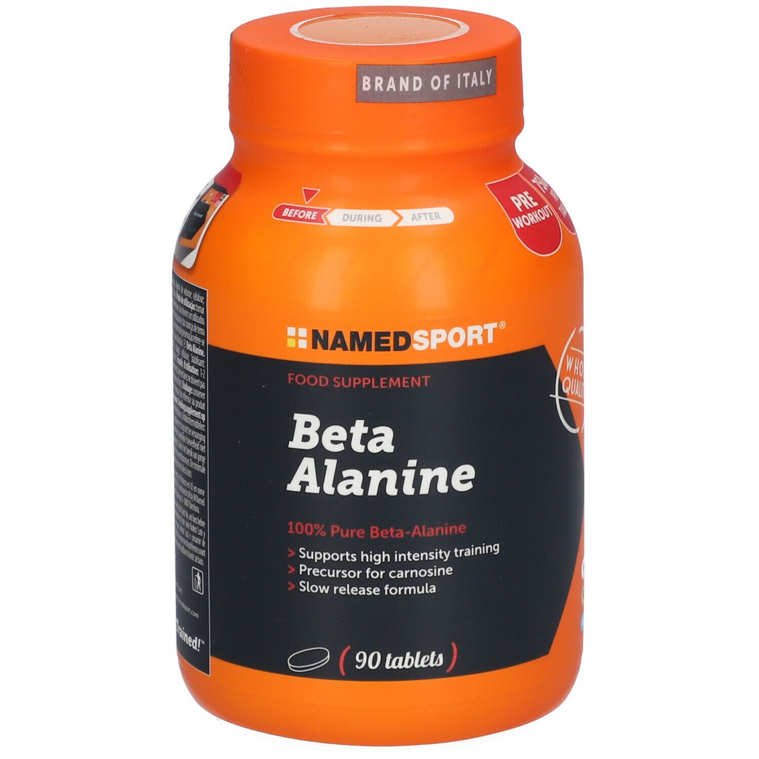 Orangefarbene Flasche NAMEDSPORT Beta Alanin. Etikett mit Text und Pfeilen. Enthält 90 Tabletten.