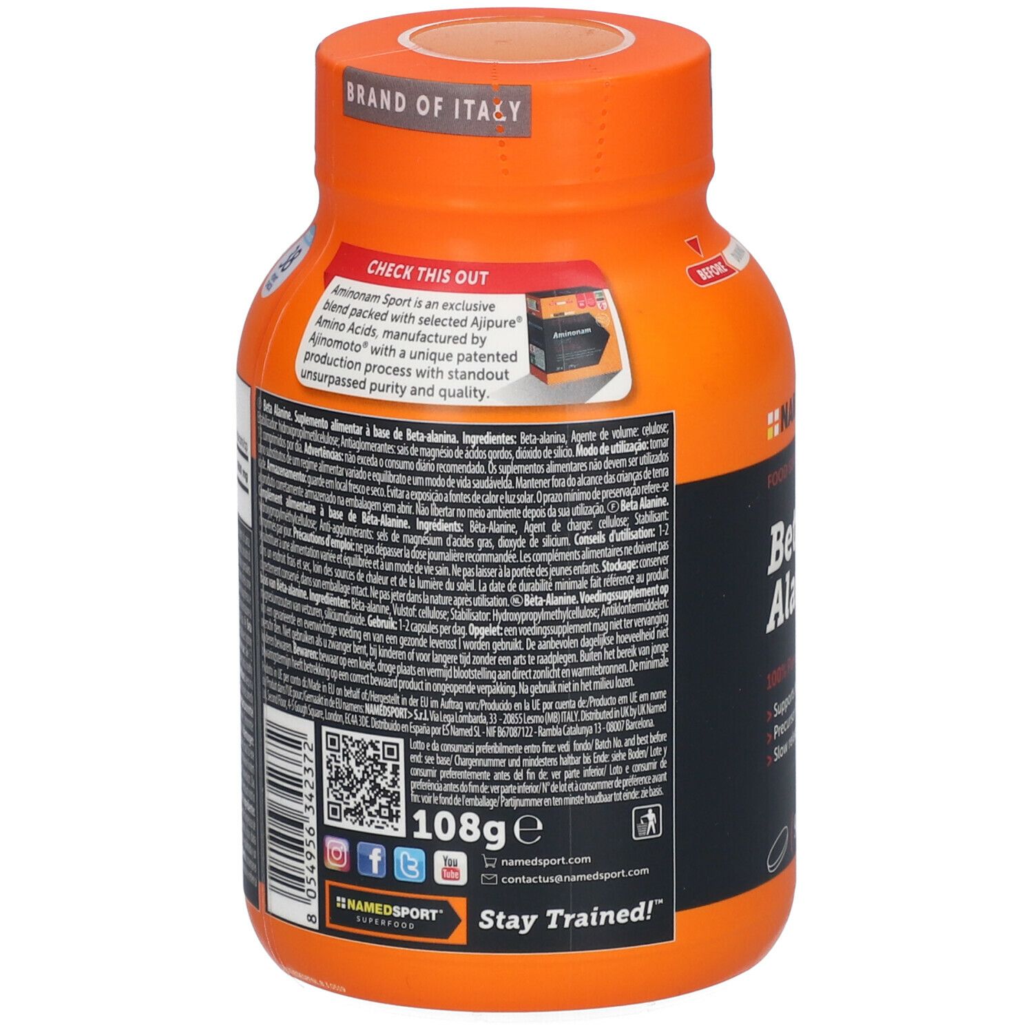 Rückseite einer orangefarbenen Flasche NAMEDSPORT Beta Alanin. Enthält Text, QR-Code und Logos.